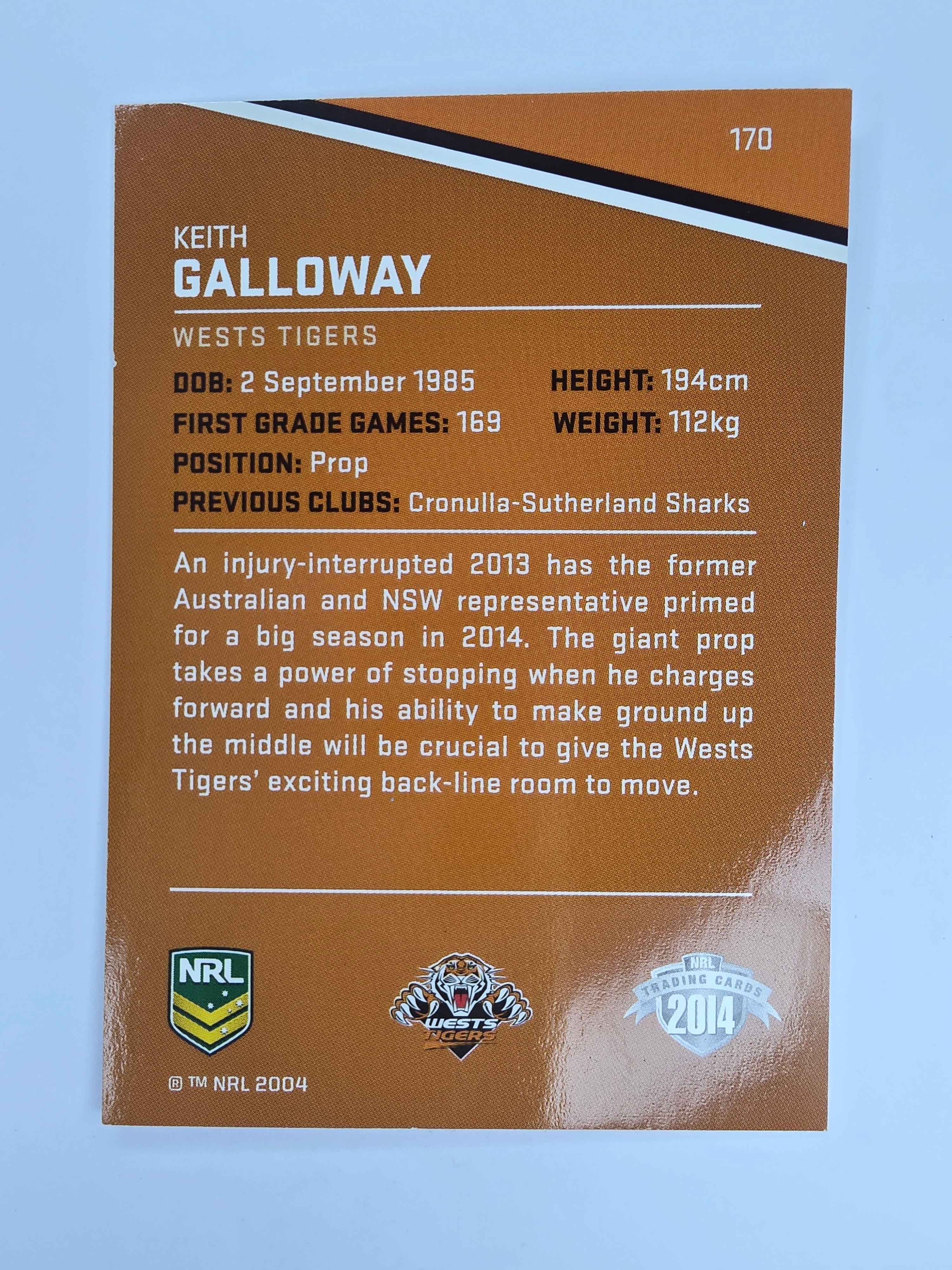 NRL 2014 Traders Base Card #170 Keith Galloway Wests Tigers
