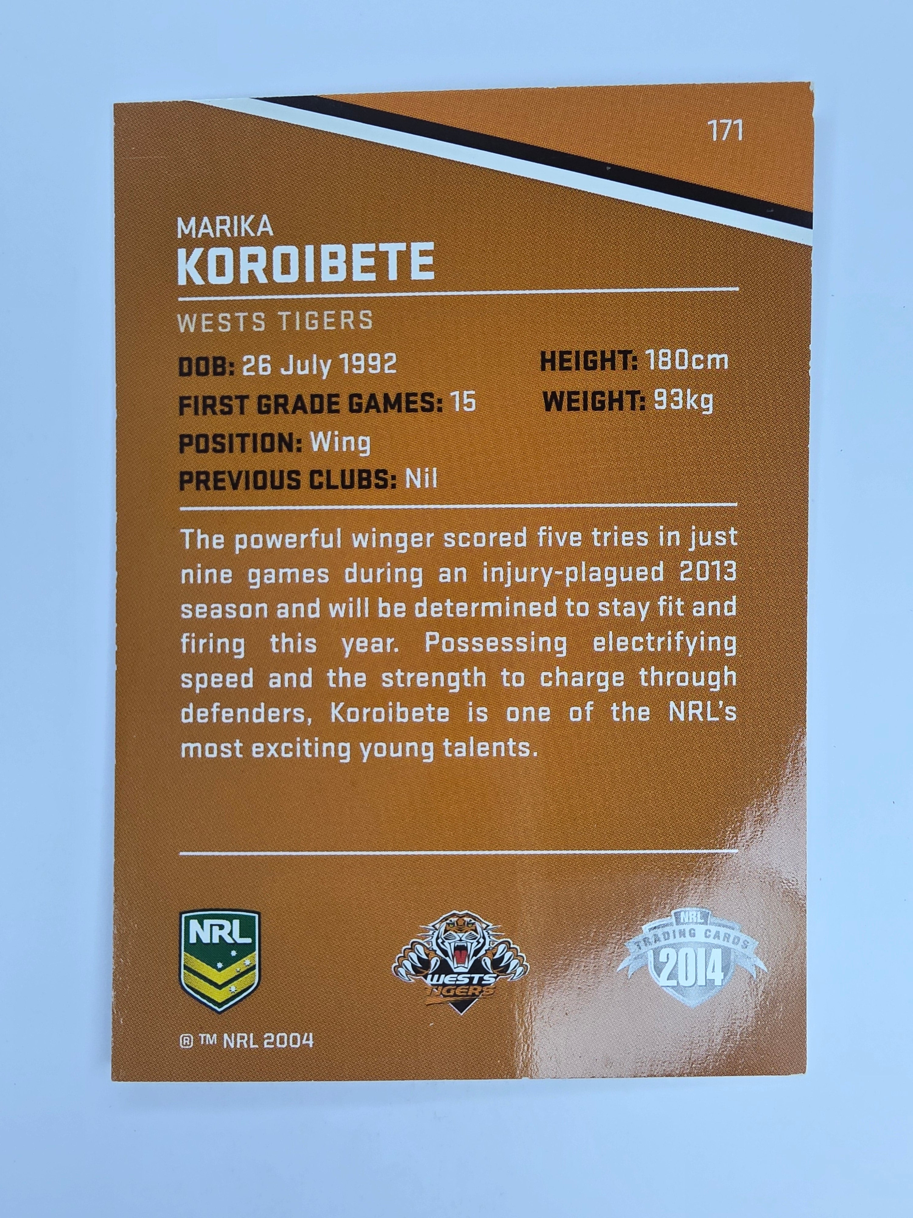 NRL 2014 Traders Base Card #171 Marika Koroibete Wests Tigers
