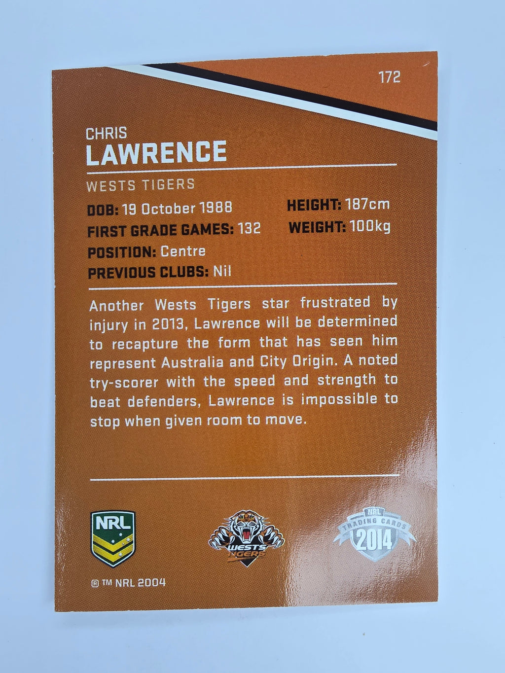 NRL 2014 Traders Base Card #172 Chris Lawrence Wests Tigers