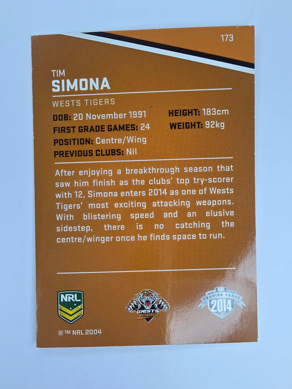 NRL 2014 Traders Base Card #173 Tim Simona Wests Tigers