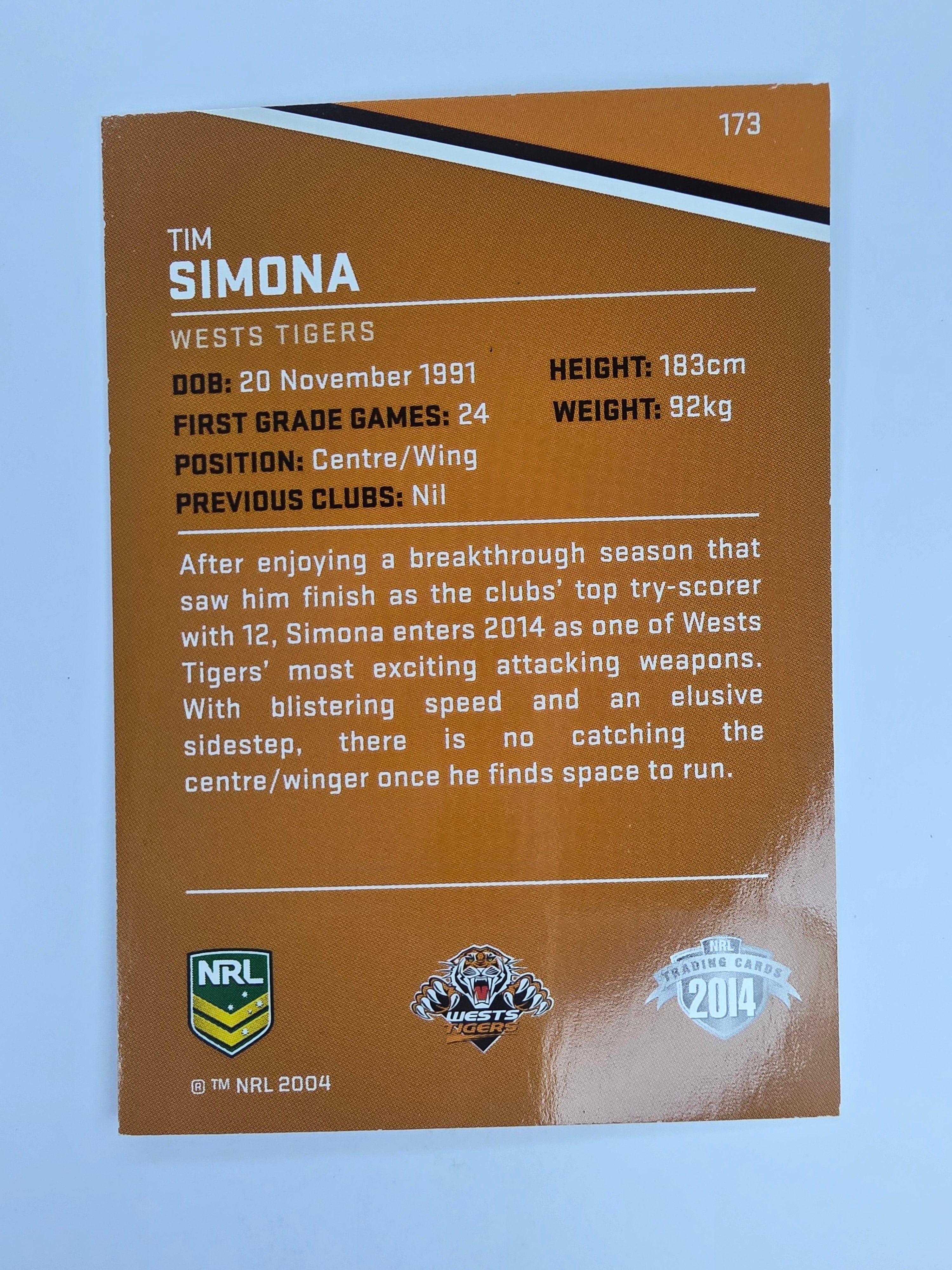 NRL 2014 Traders Base Card #173 Tim Simona Wests Tigers