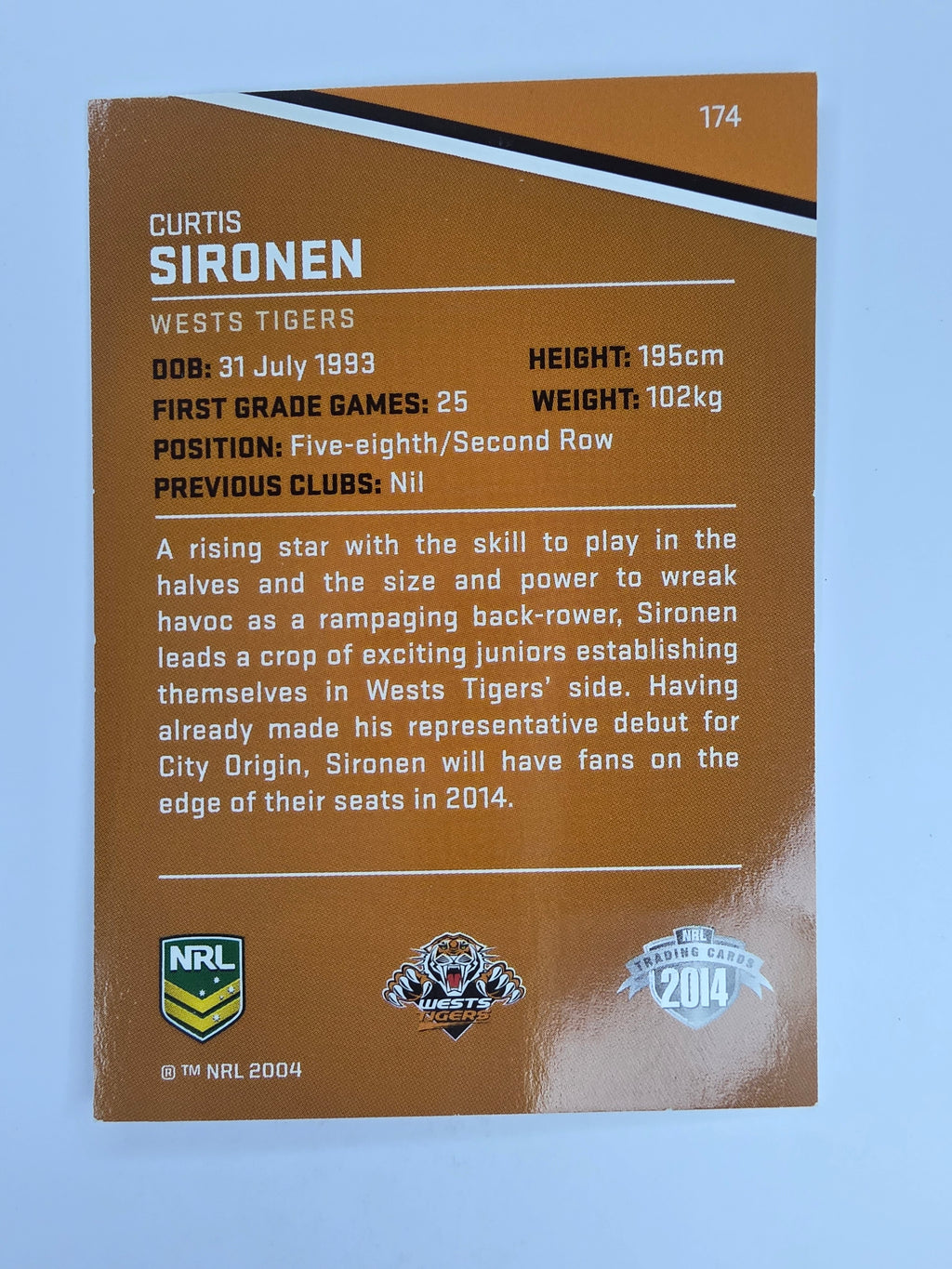 NRL 2014 Traders Base Card #174 Curtis Sironen Wests Tigers