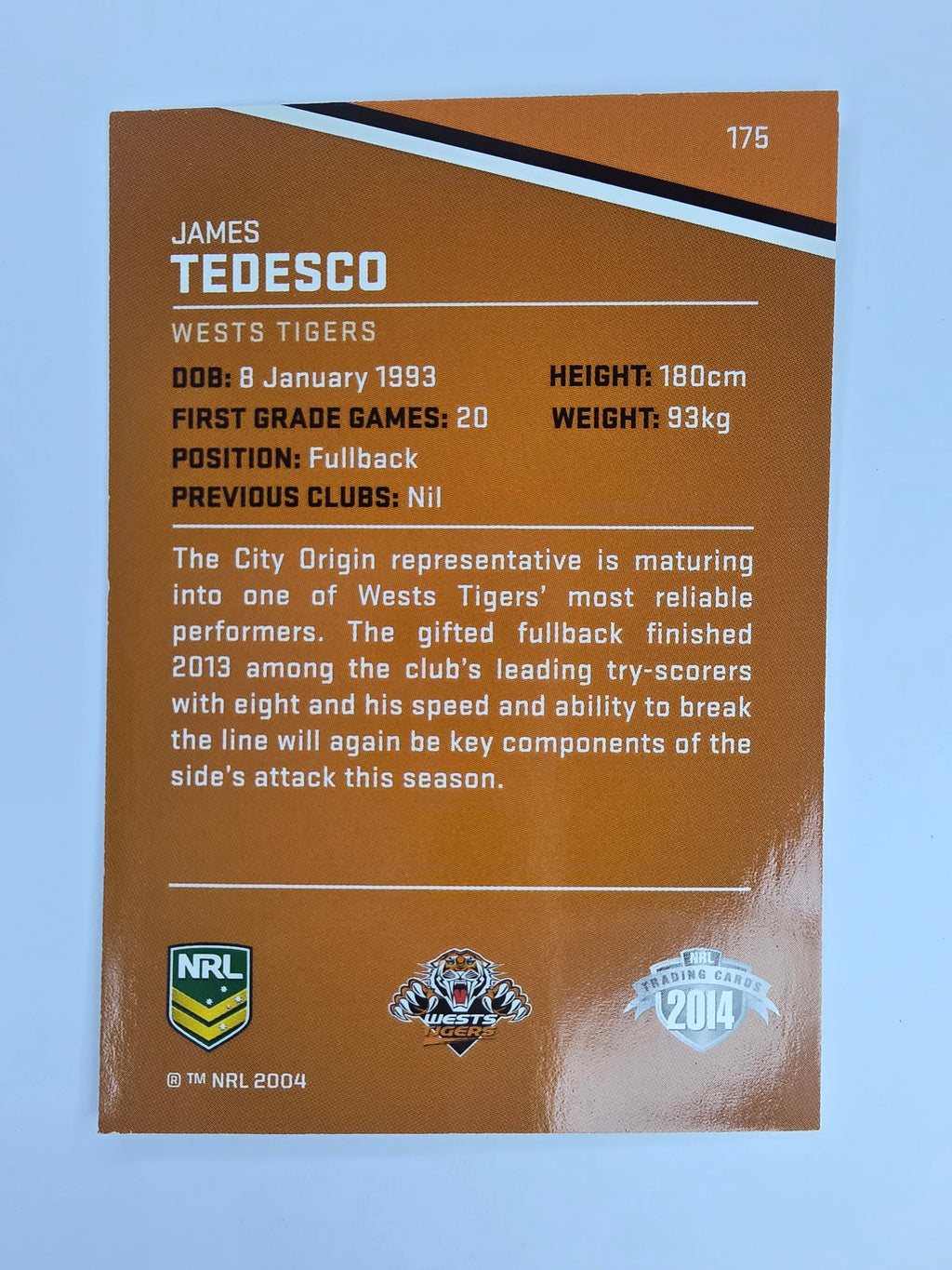 NRL 2014 Traders Base Card #175 James Tedesco Wests Tigers