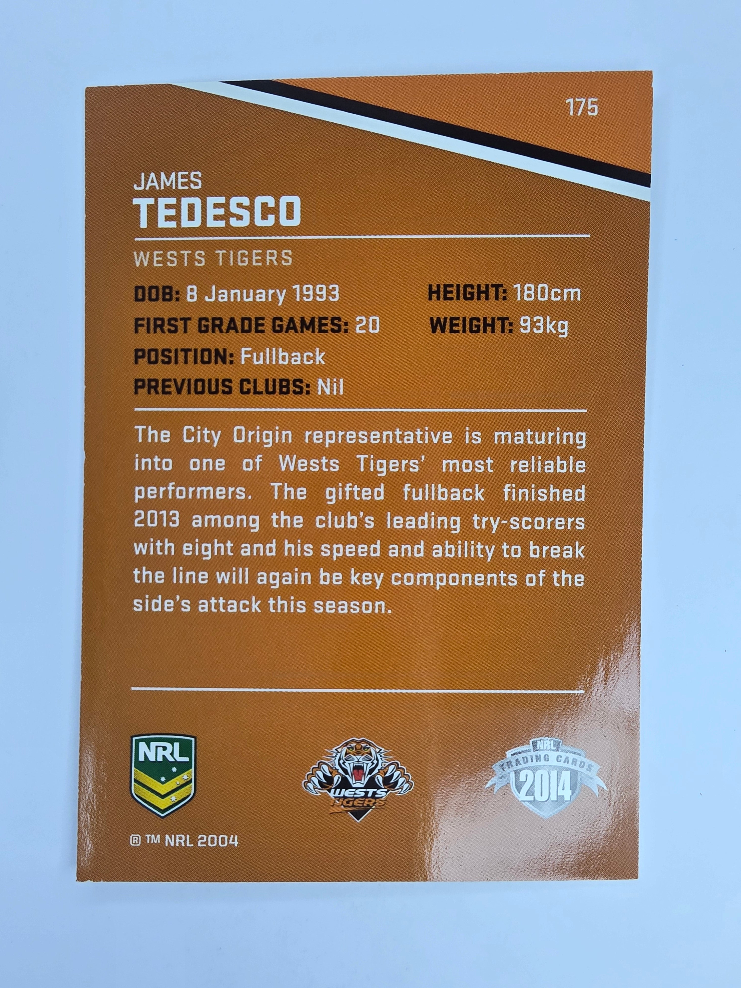 NRL 2014 Traders Base Card #175 James Tedesco Wests Tigers