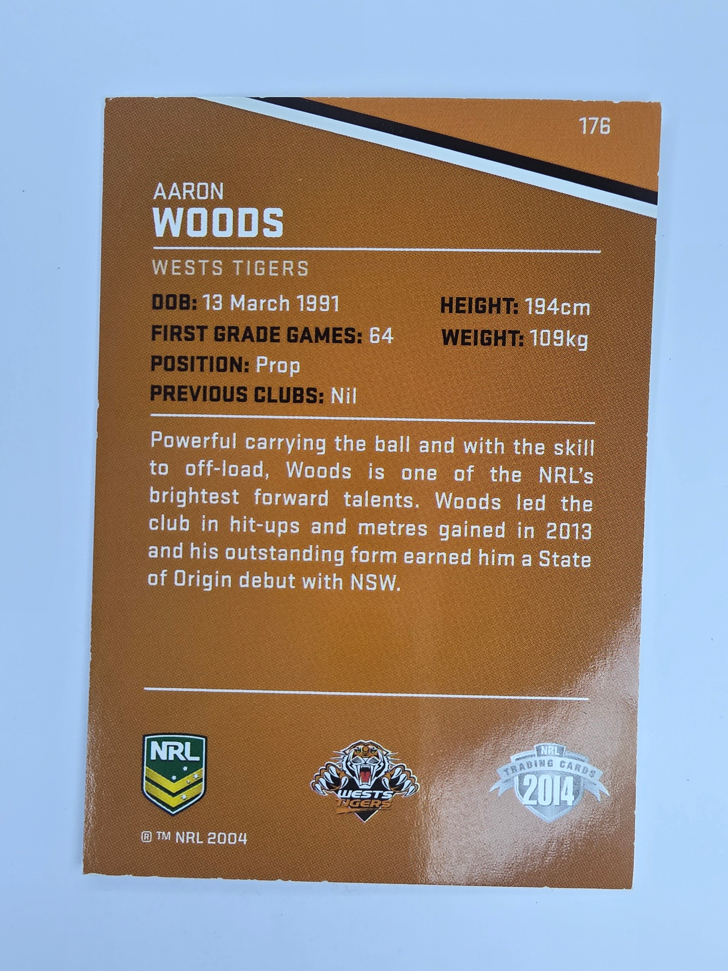 NRL 2014 Traders Base Card #176 Aaron Woods Wests Tigers