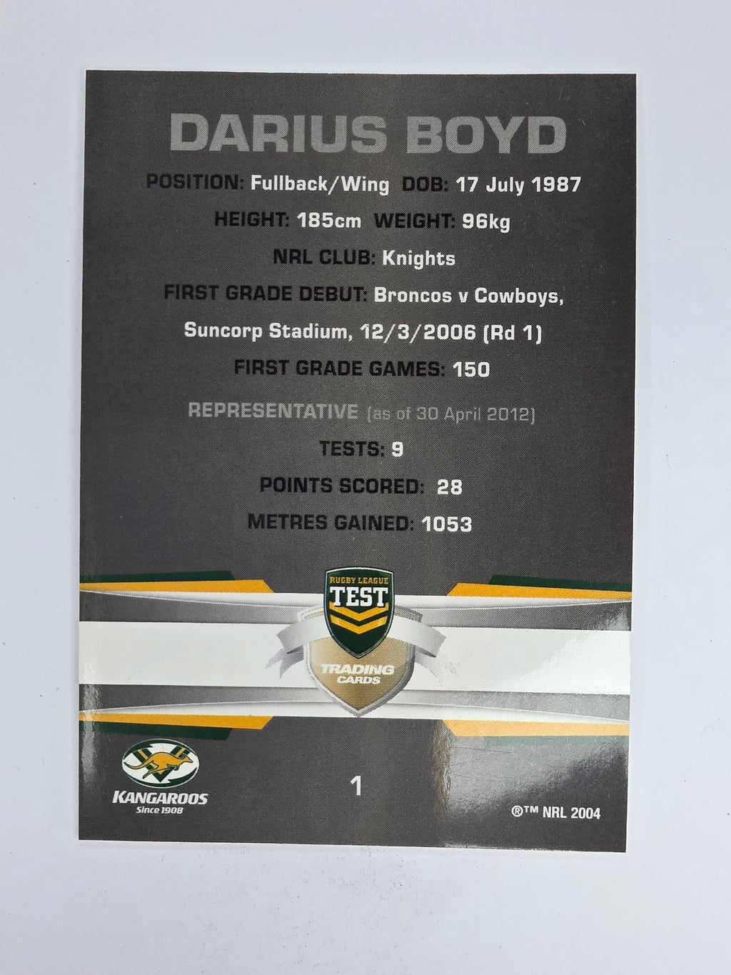 NRL 2012 Limited Edition Base Card #1 Darius Boyd Australia