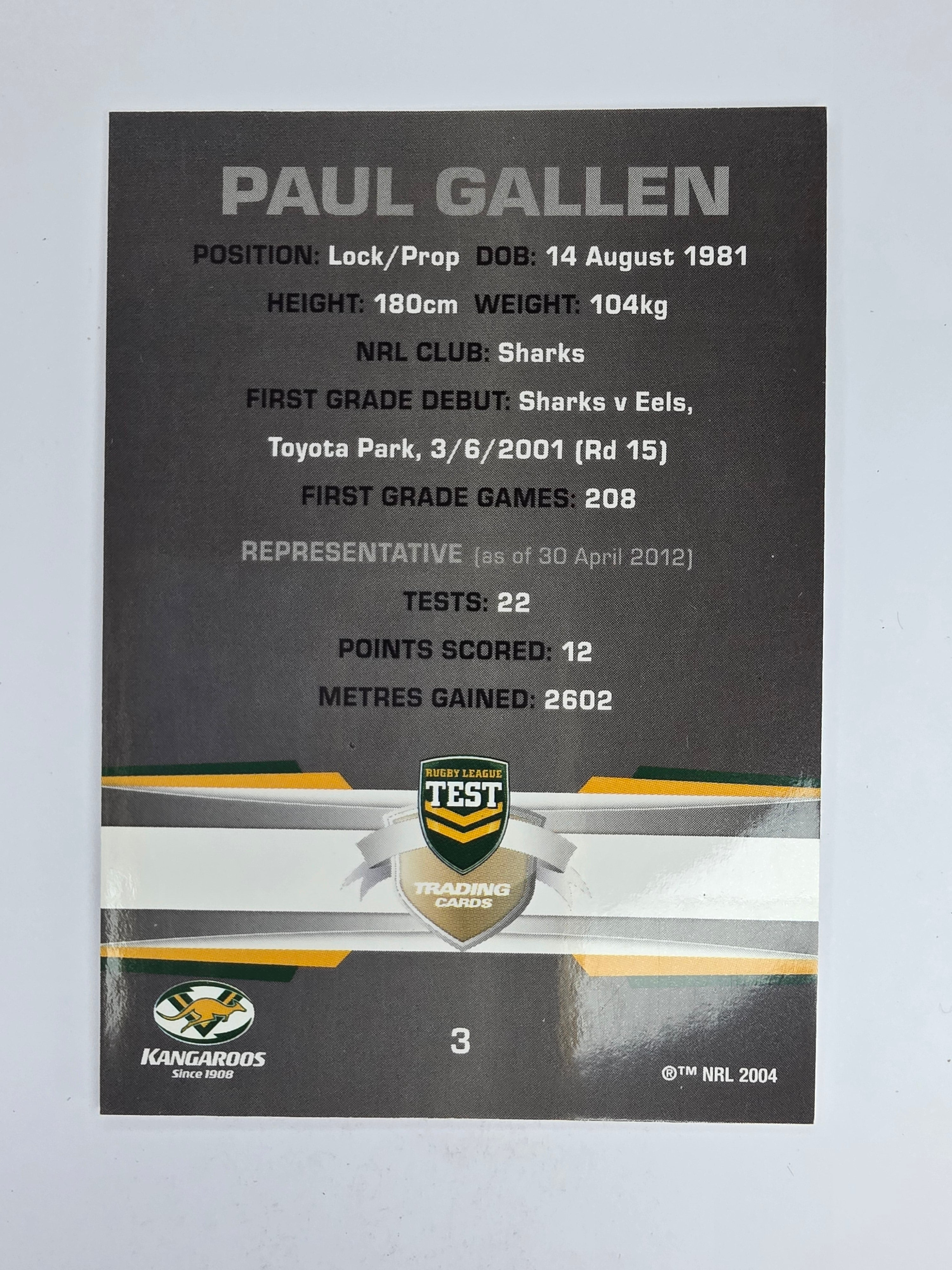 NRL 2012 Limited Edition Base Card #3 Paul Gallen Australia