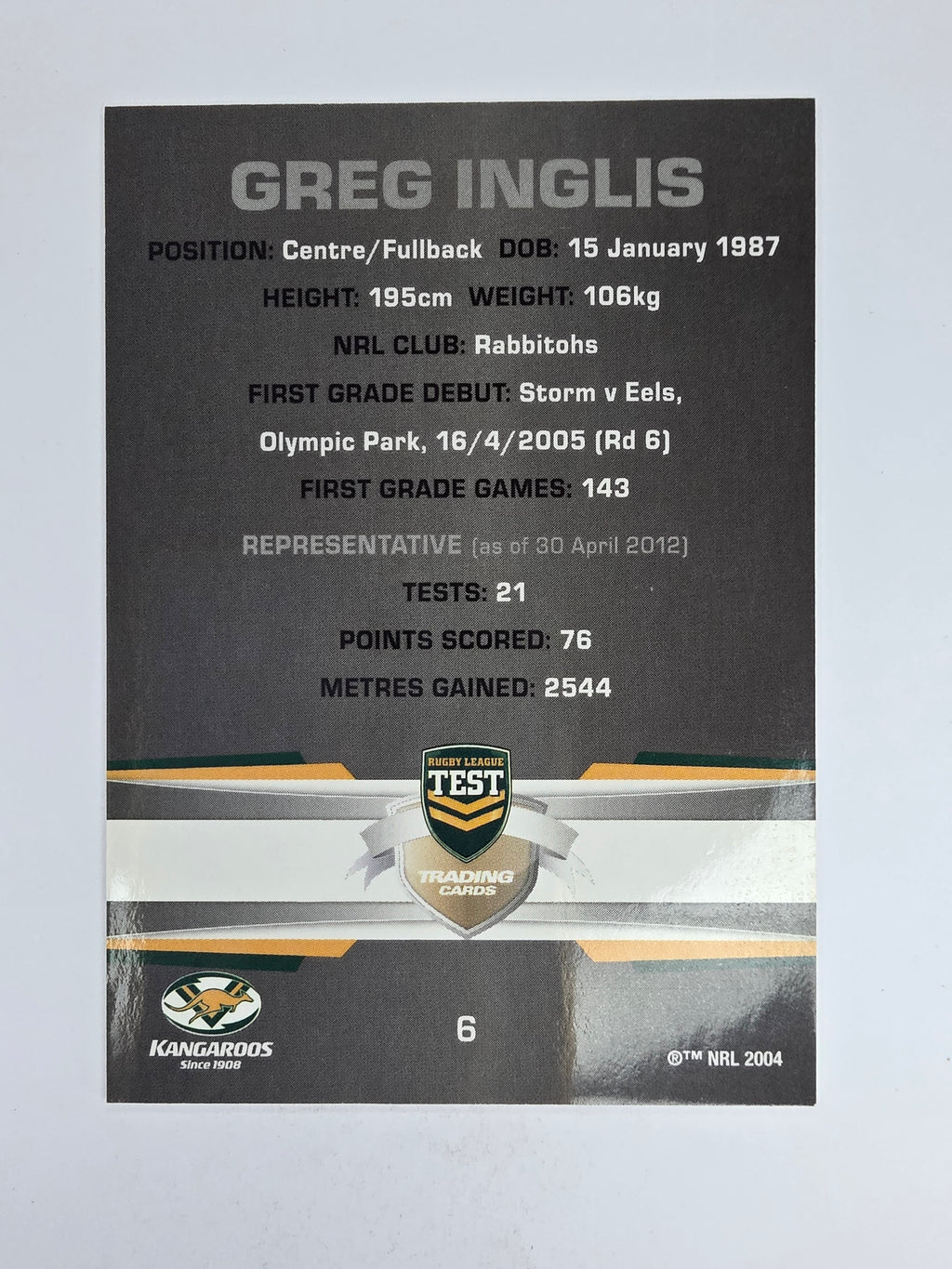 NRL 2012 Limited Edition Base Card #6 Greg Inglis Australia