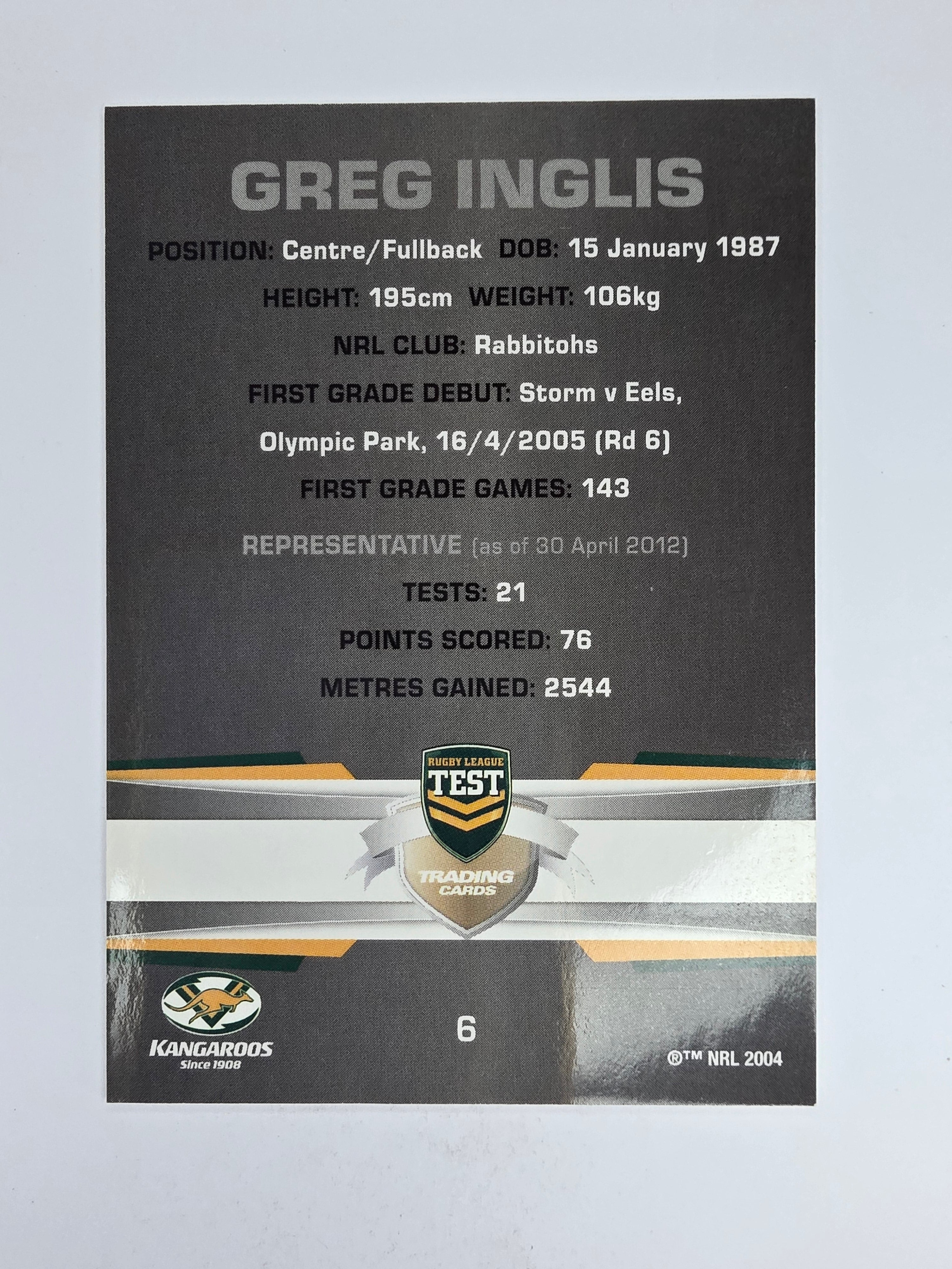 NRL 2012 Limited Edition Base Card #6 Greg Inglis Australia
