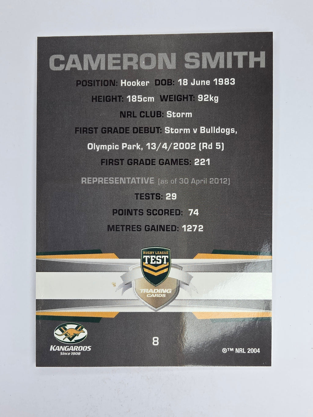NRL 2012 Limited Edition Base Card #8 Cameron Smith Australia