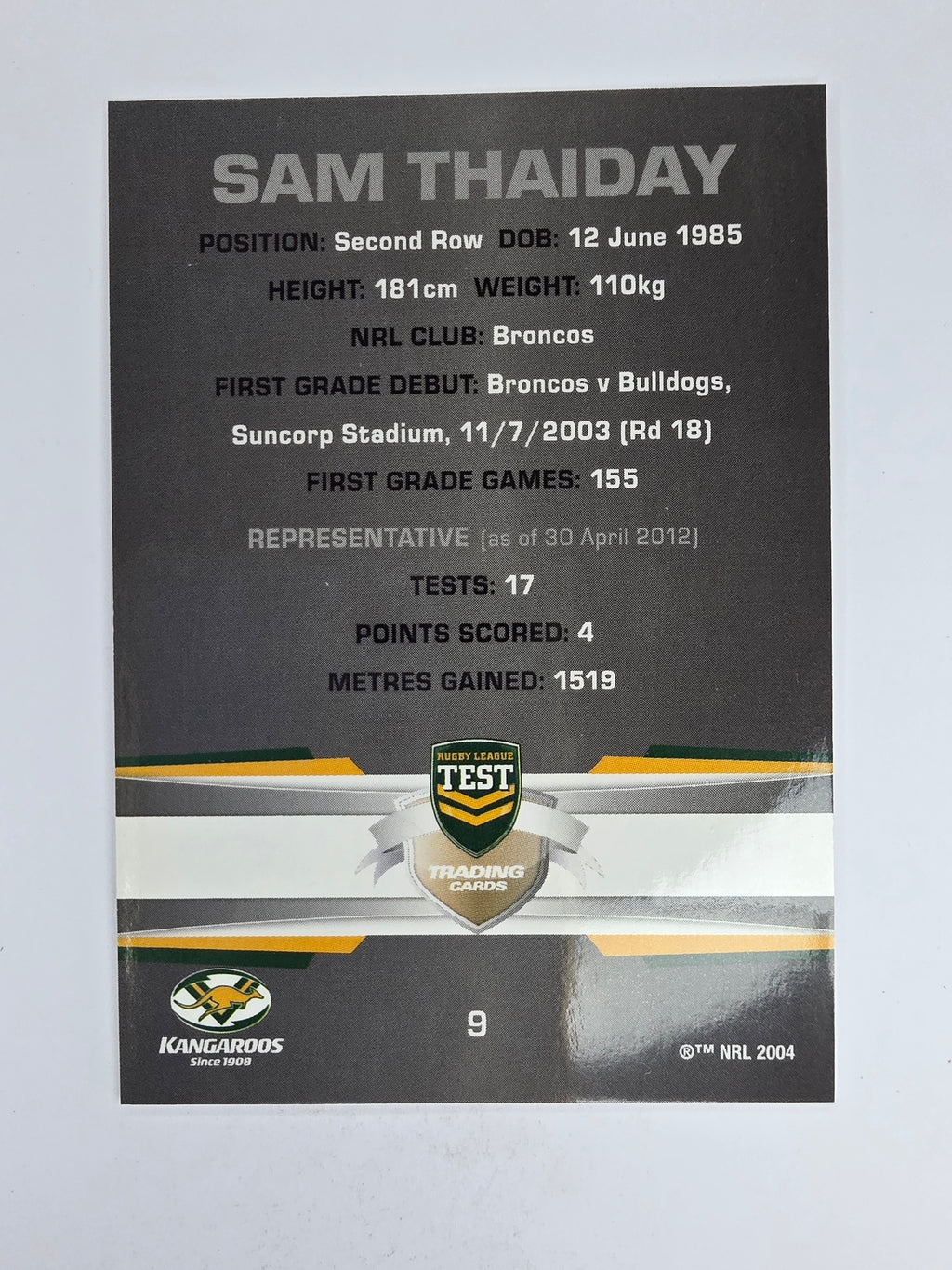 NRL 2012 Limited Edition Base Card #9 Sam Thaiday Australia