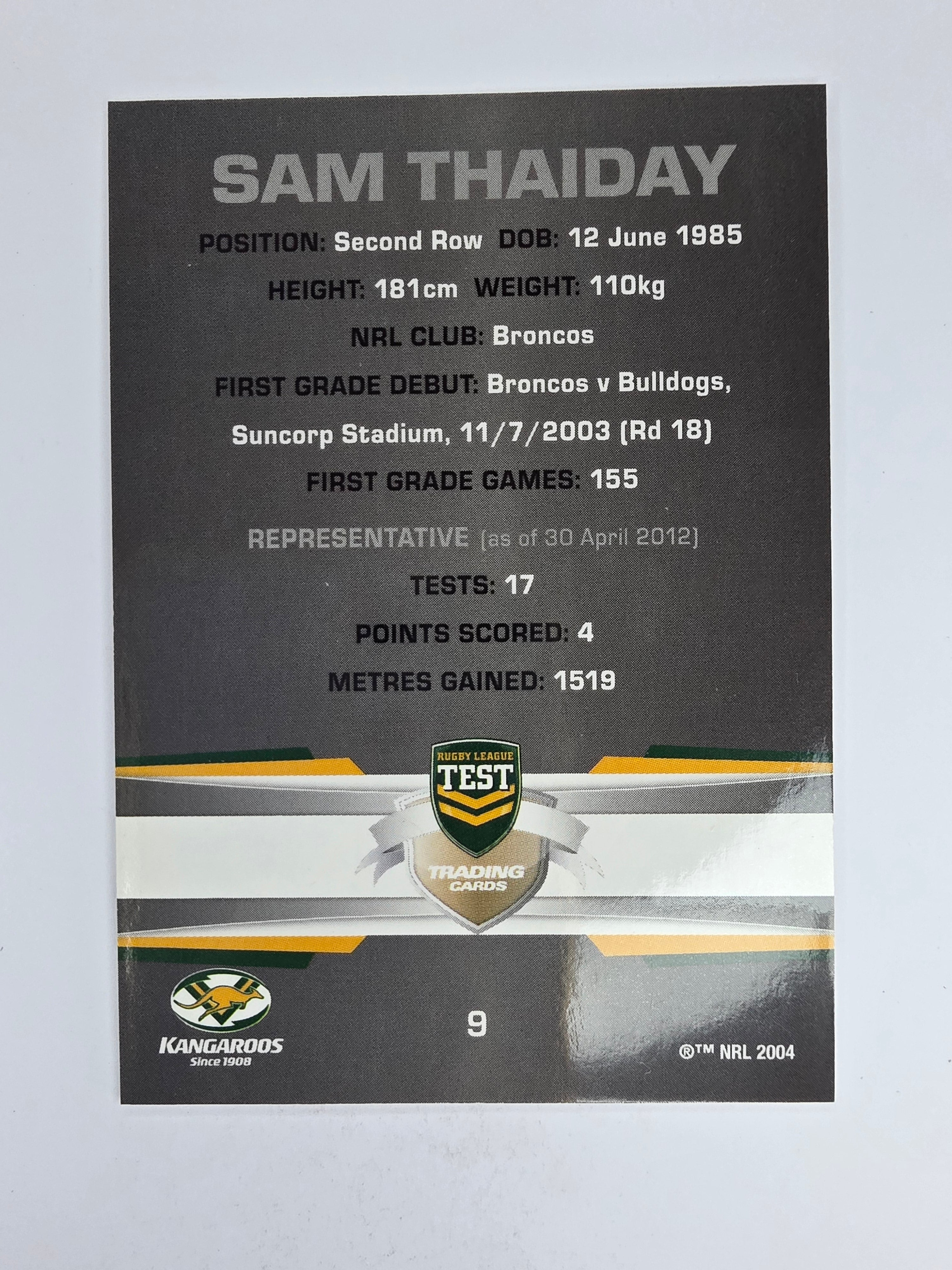 NRL 2012 Limited Edition Base Card #9 Sam Thaiday Australia