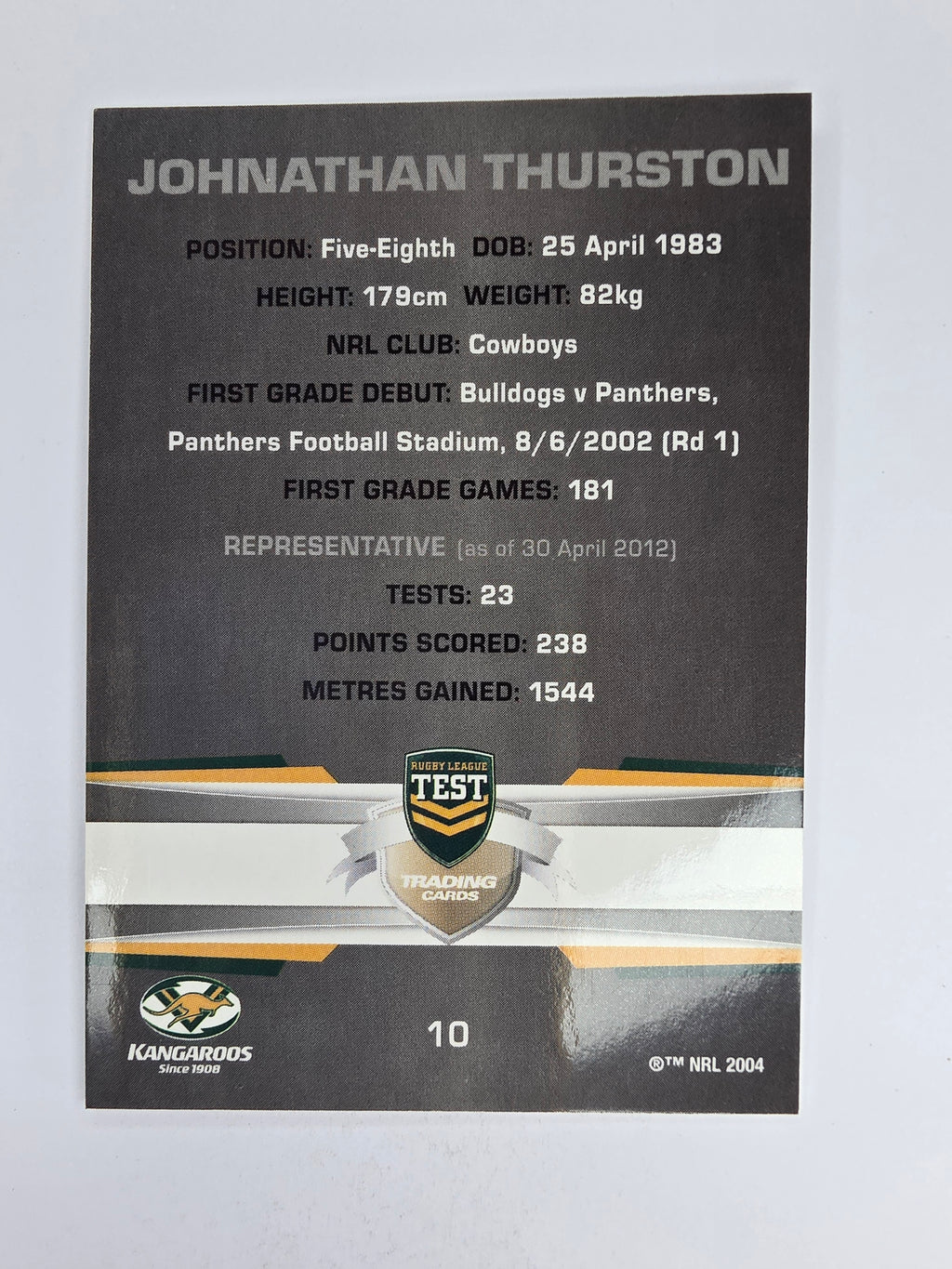 NRL 2012 Limited Edition Base Card #10 Johnathan Thurston Australia