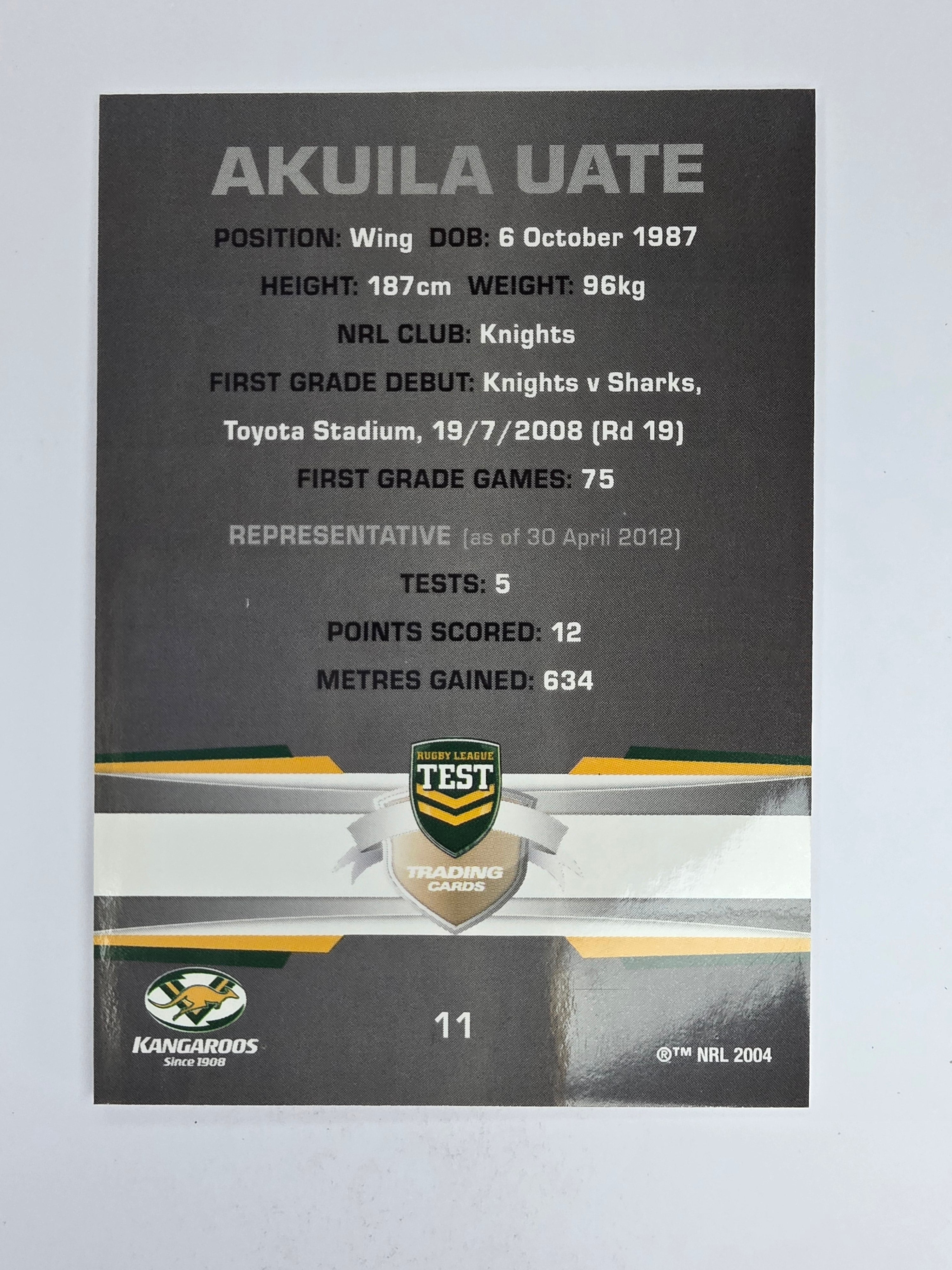 NRL 2012 Limited Edition Base Card #11 Akuila Uate Australia