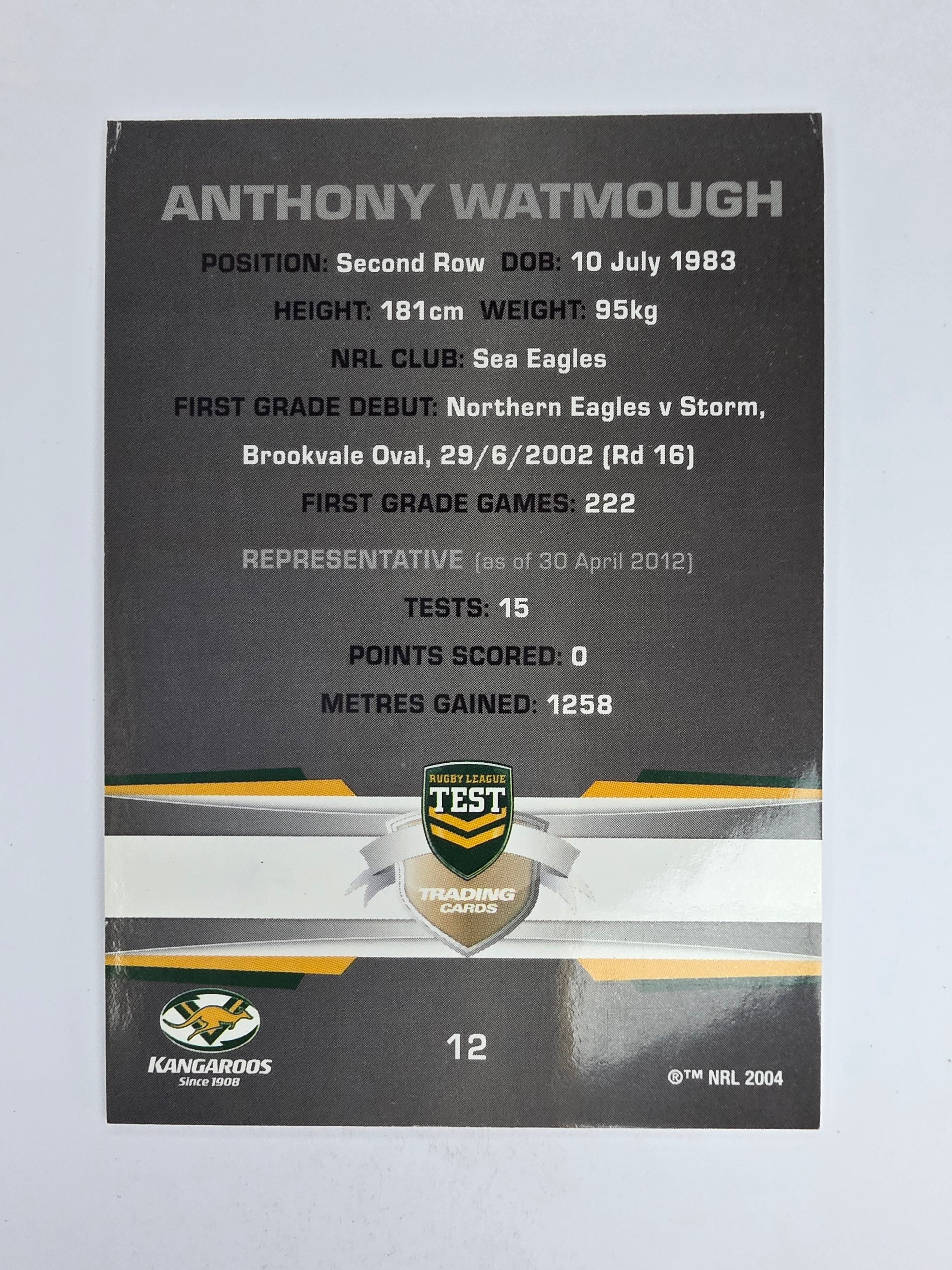 NRL 2012 Limited Edition Base Card #12 Anthony Watmough Australia