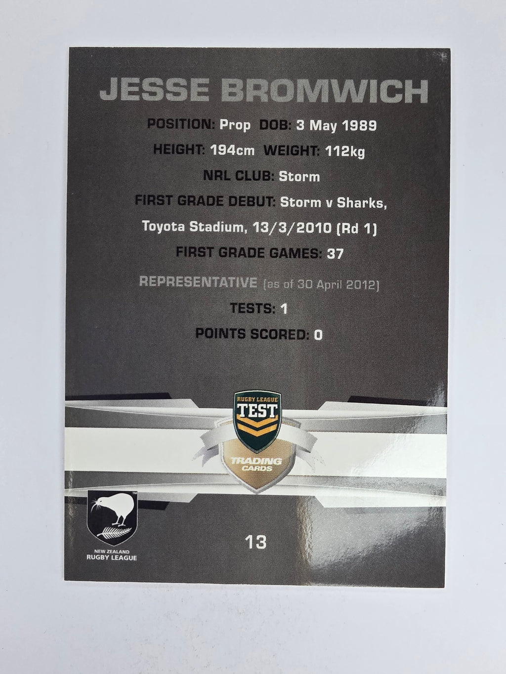 NRL 2012 Limited Edition Base Card #13 Jesse Bromwich New Zealand