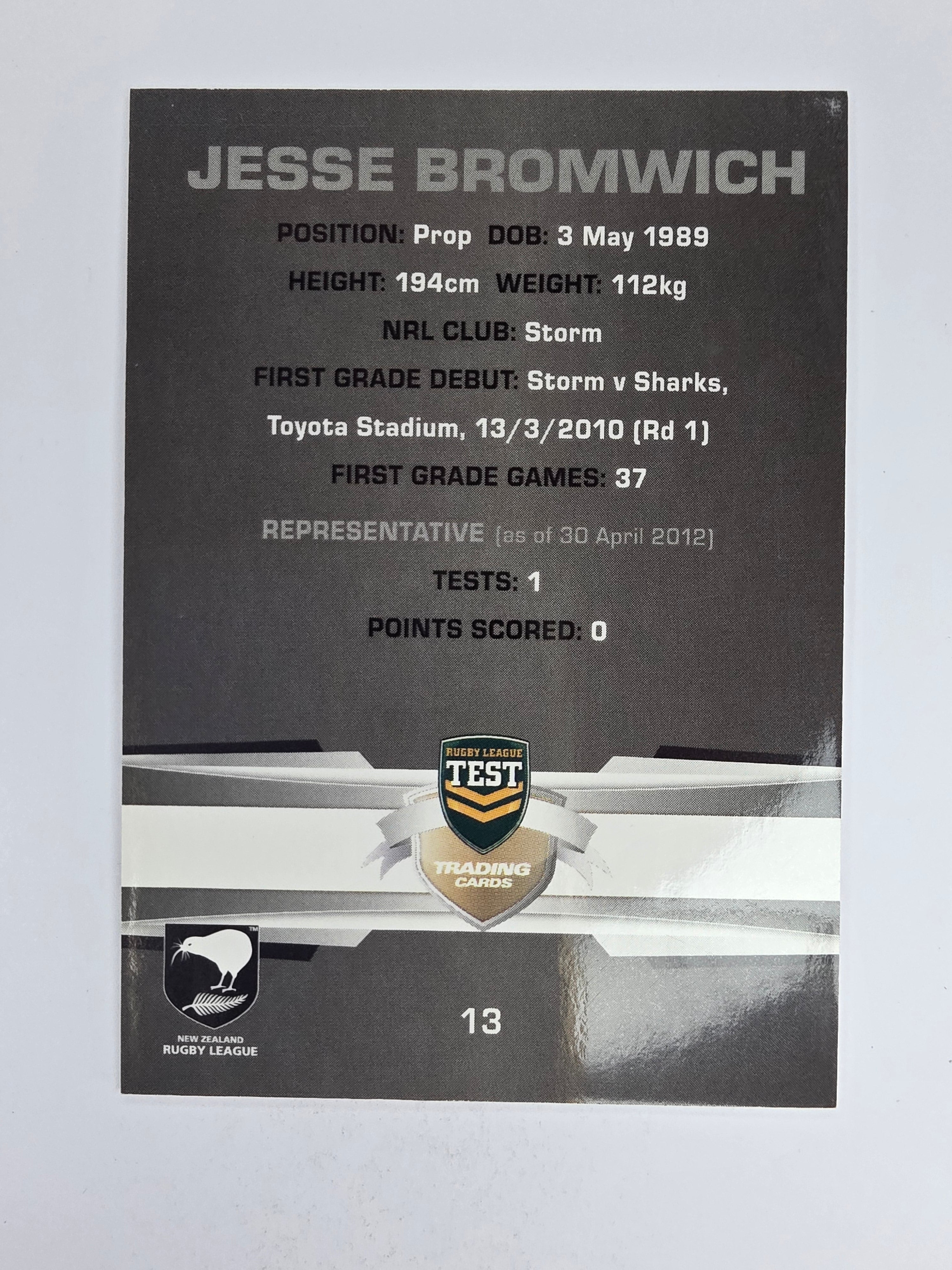 NRL 2012 Limited Edition Base Card #13 Jesse Bromwich New Zealand