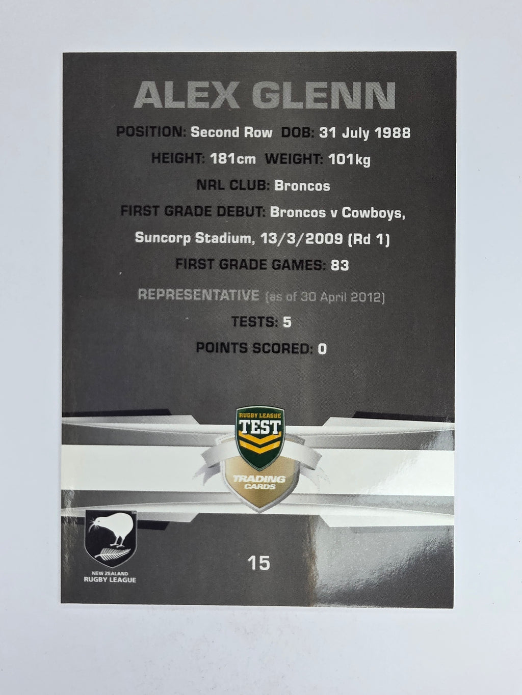 NRL 2012 Limited Edition Base Card #15 Alex Glenn New Zealand