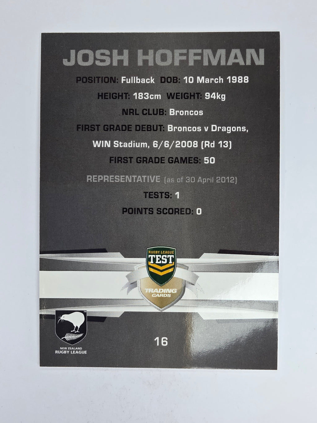 NRL 2012 Limited Edition Base Card #16 Josh Hoffman New Zealand