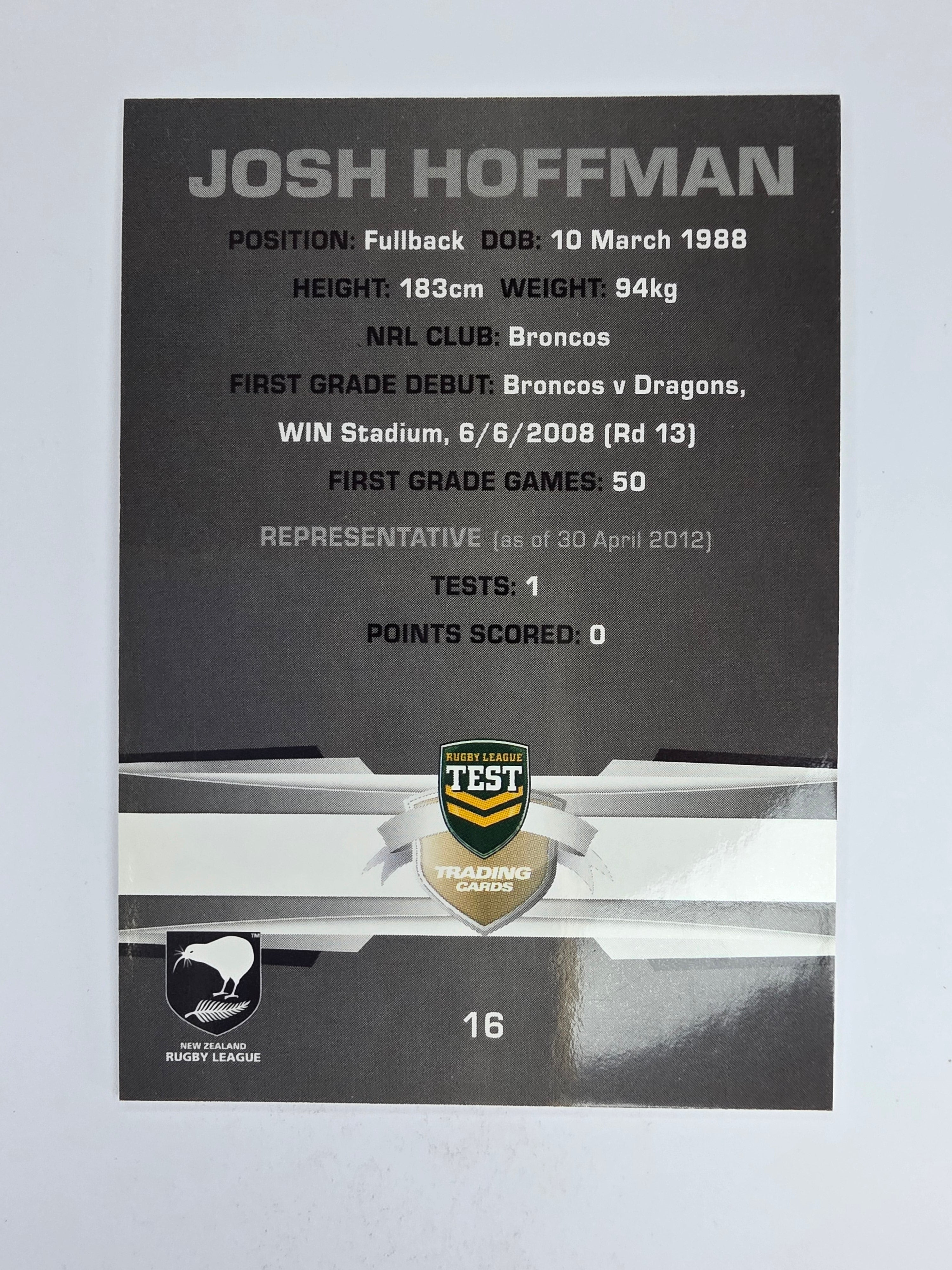 NRL 2012 Limited Edition Base Card #16 Josh Hoffman New Zealand