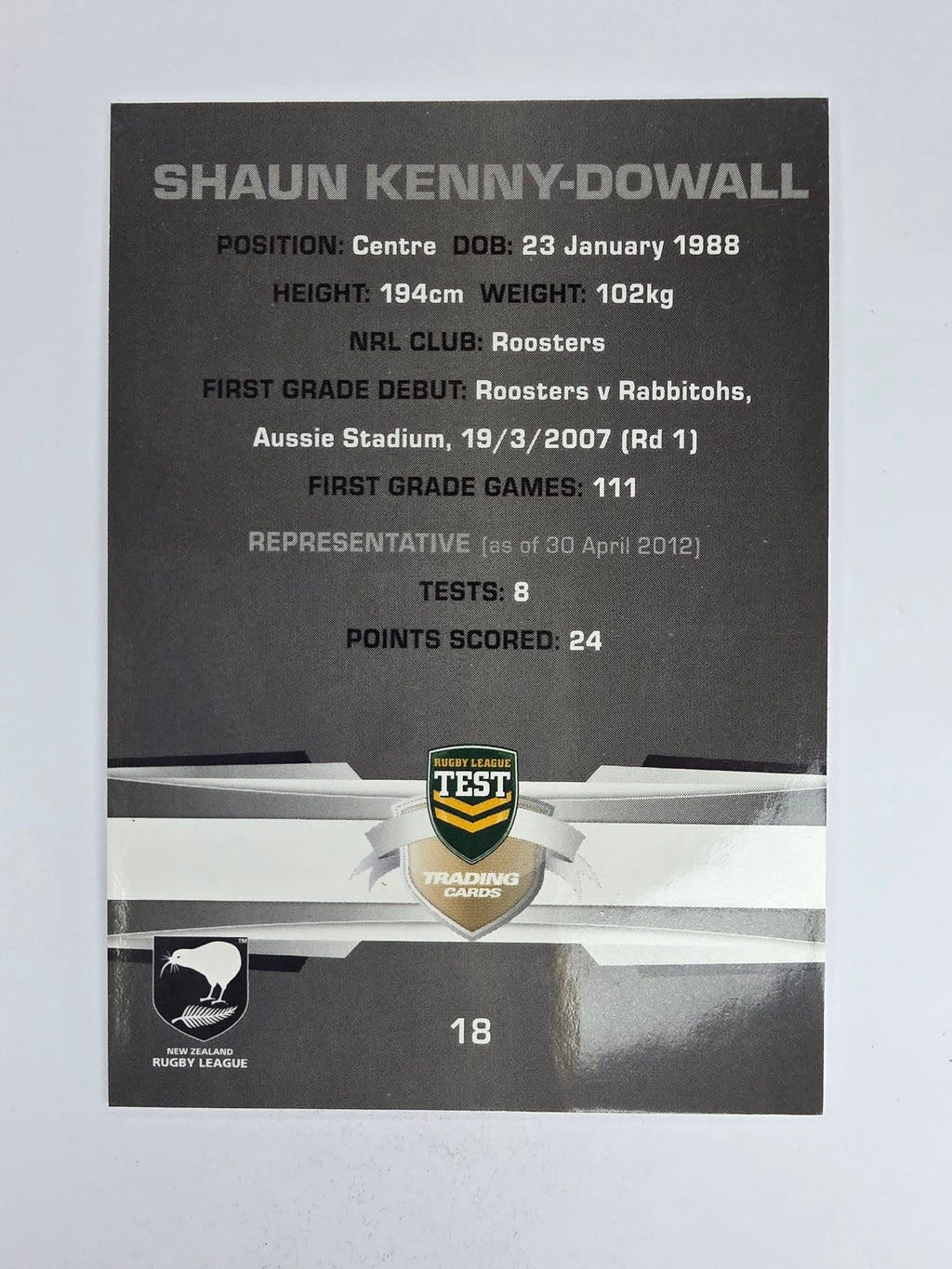 NRL 2012 Limited Edition Base Card #18 Shaun Kenny-Dowall New Zealand