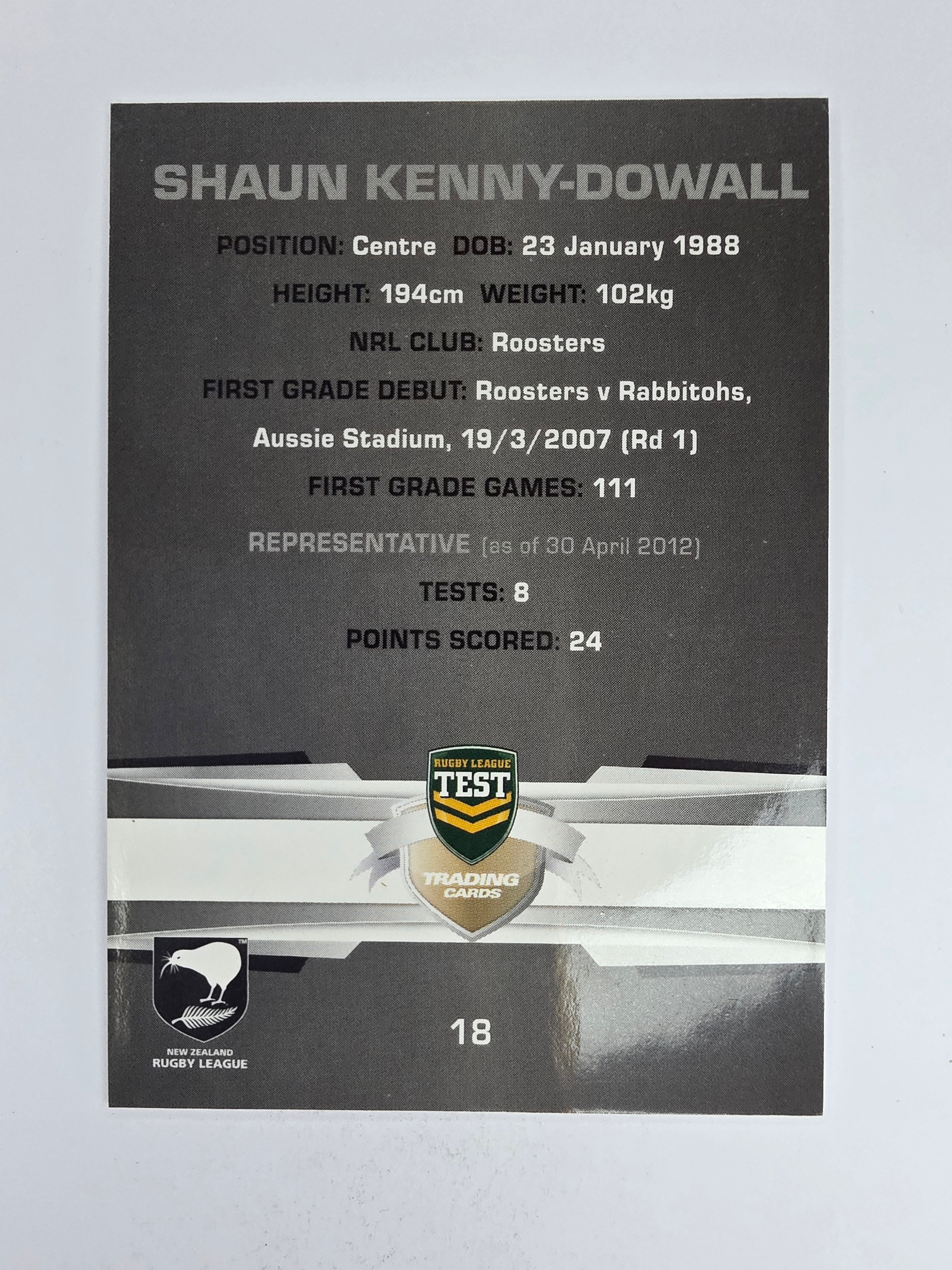 NRL 2012 Limited Edition Base Card #18 Shaun Kenny-Dowall New Zealand