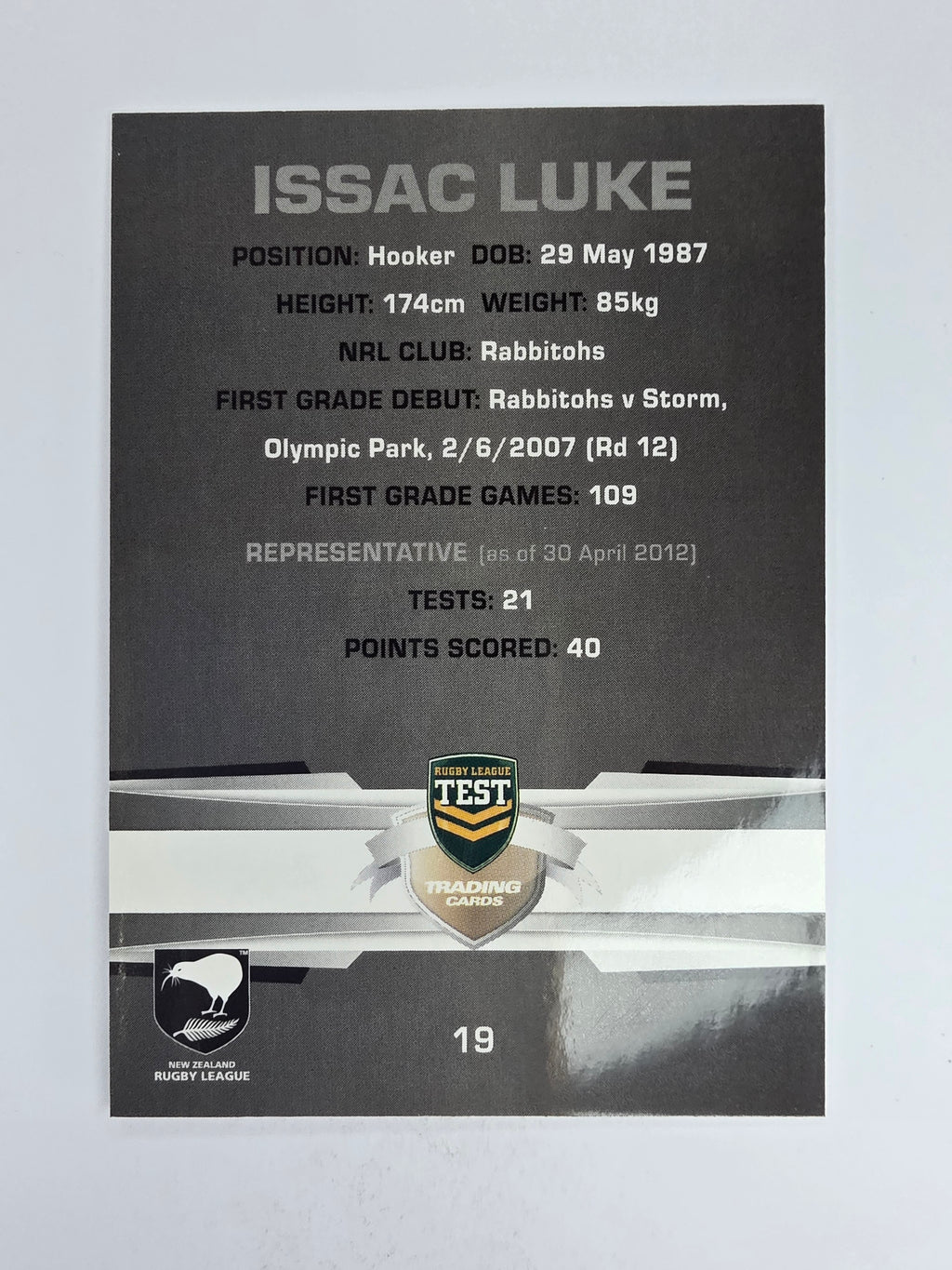 NRL 2012 Limited Edition Base Card #19 Issac Luke New Zealand
