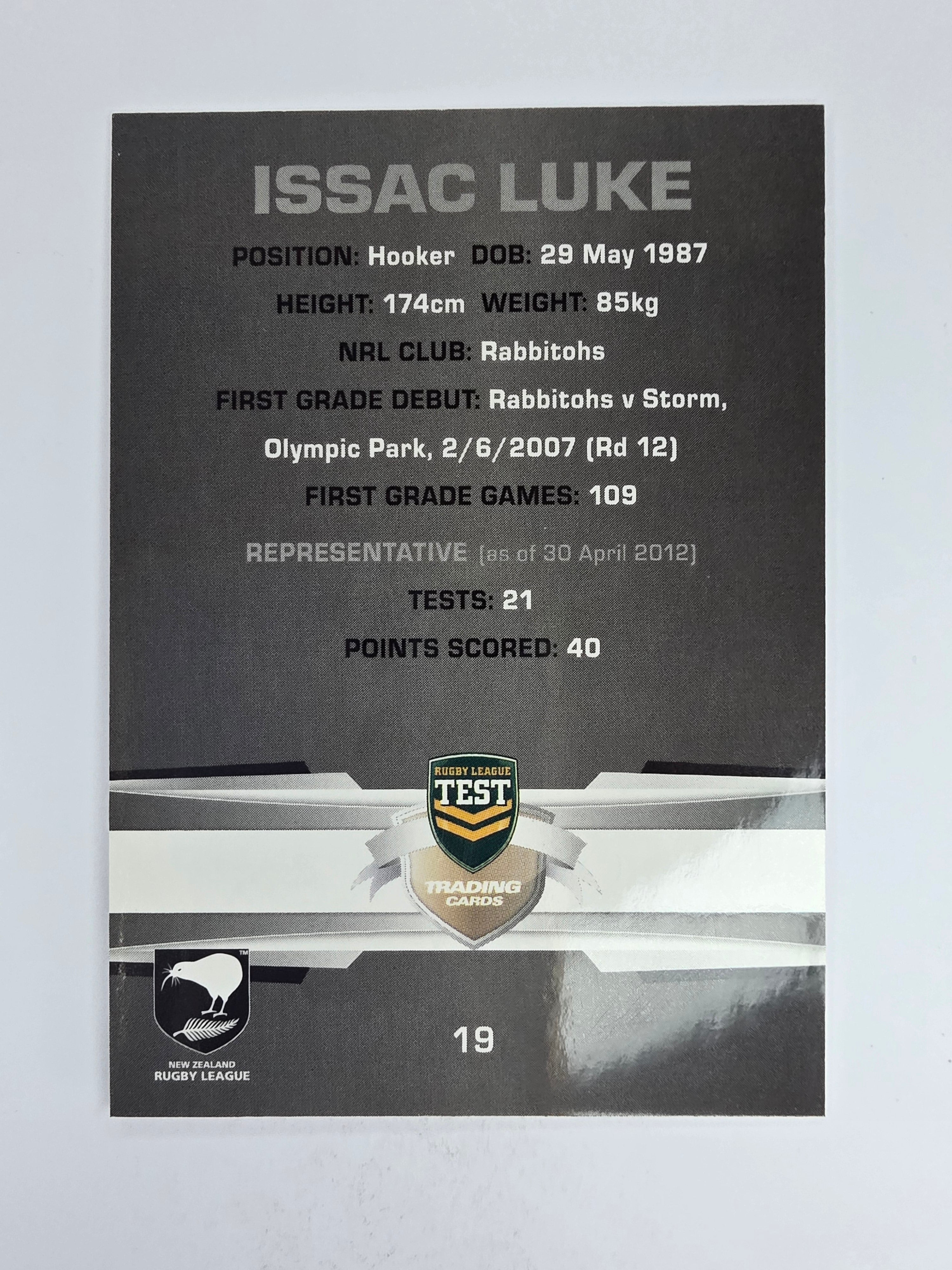 NRL 2012 Limited Edition Base Card #19 Issac Luke New Zealand