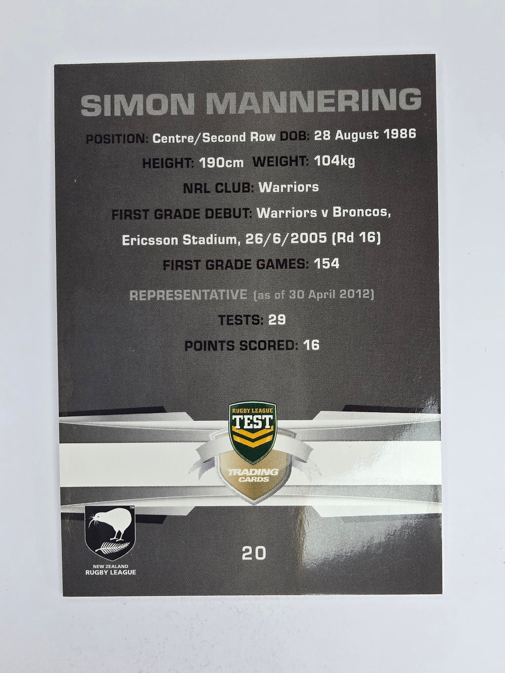 NRL 2012 Limited Edition Base Card #20 Simon Mannering New Zealand