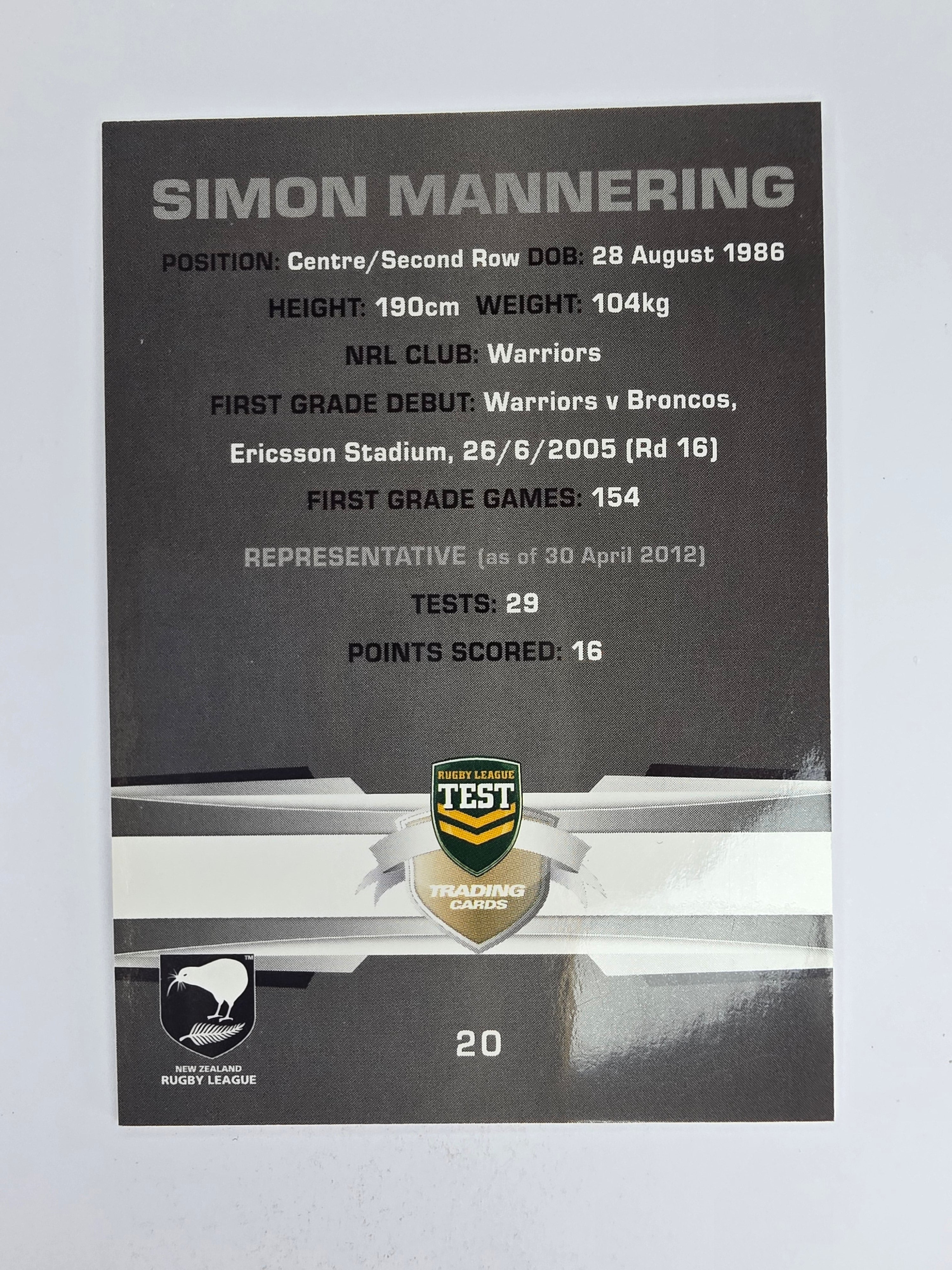 NRL 2012 Limited Edition Base Card #20 Simon Mannering New Zealand