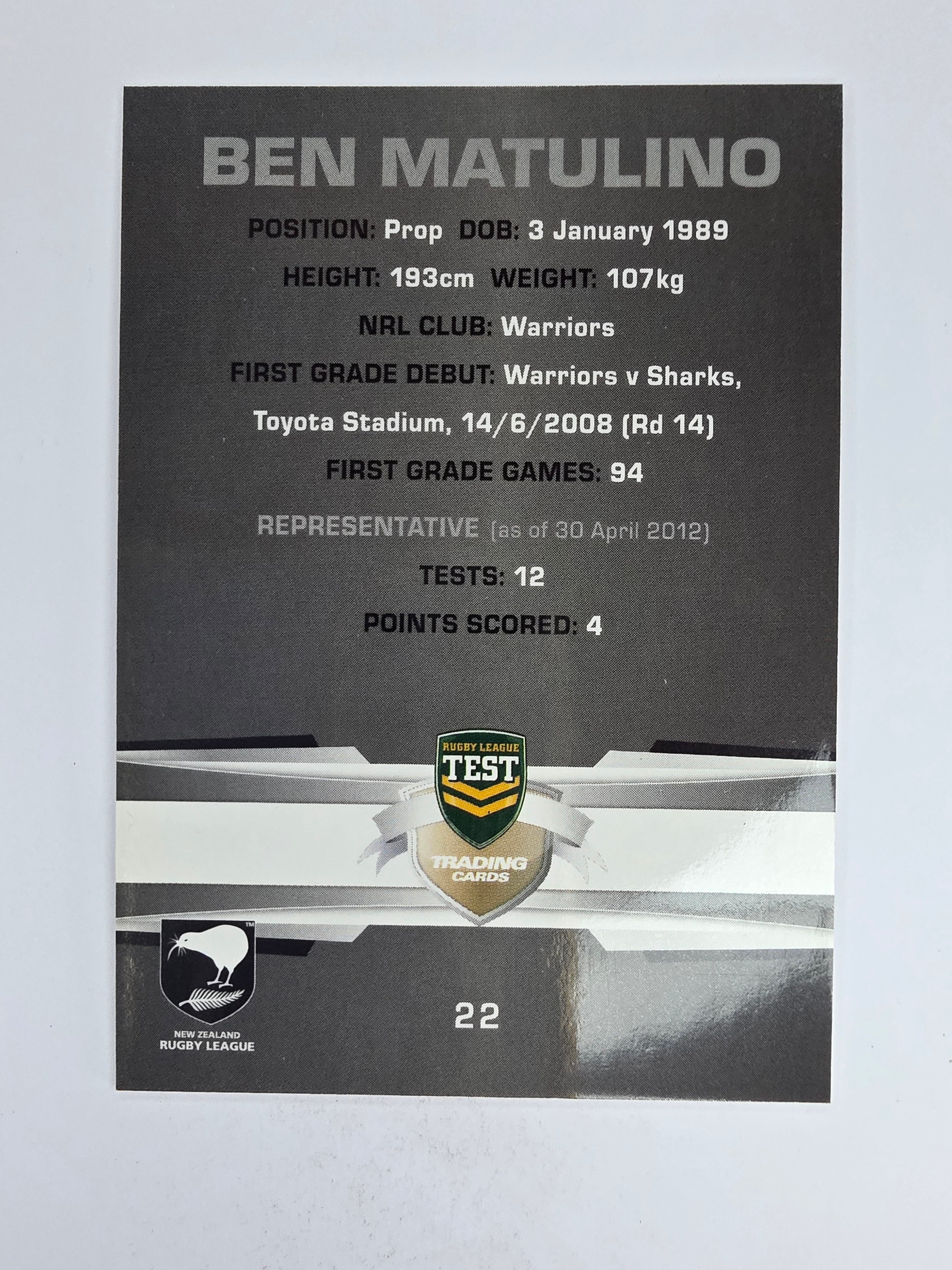 NRL 2012 Limited Edition Base Card #22 Ben Matulino New Zealand