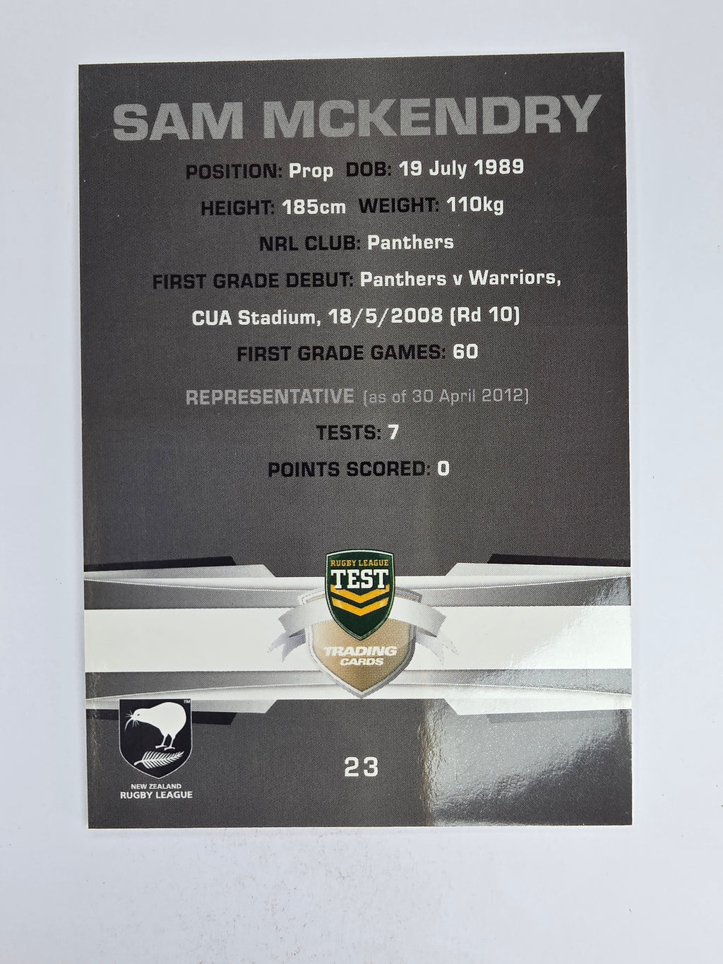 NRL 2012 Limited Edition Base Card #23 Sam McKendry New Zealand