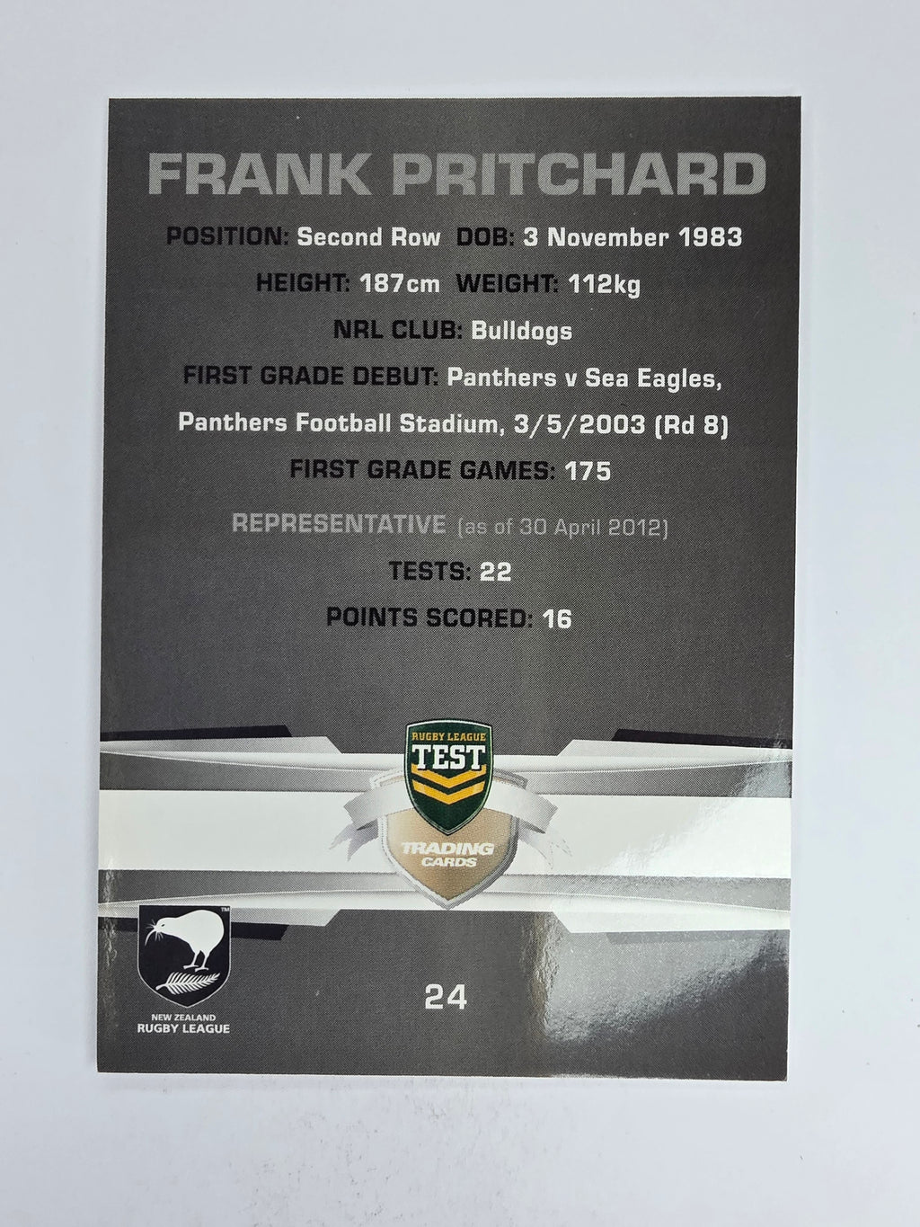 NRL 2012 Limited Edition Base Card #24 Frank Pritchard New Zealand