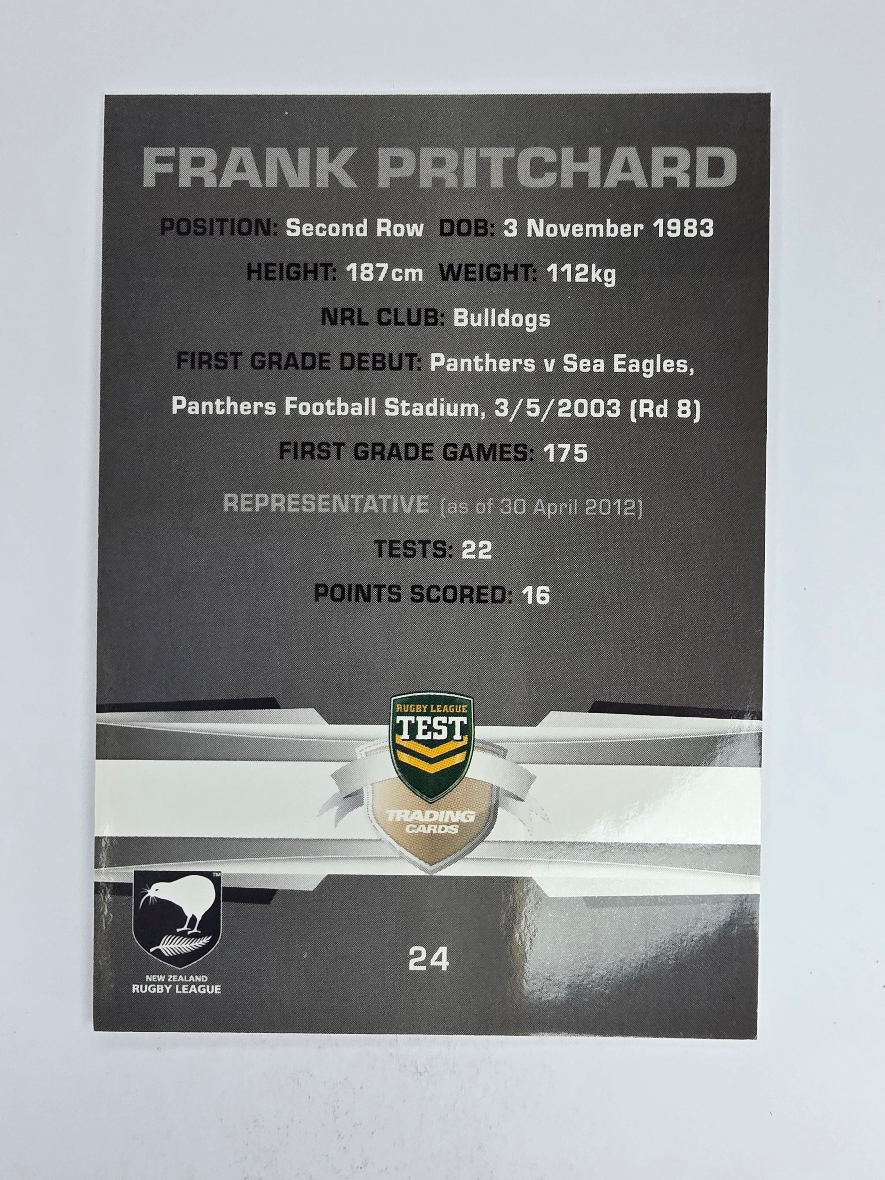 NRL 2012 Limited Edition Base Card #24 Frank Pritchard New Zealand