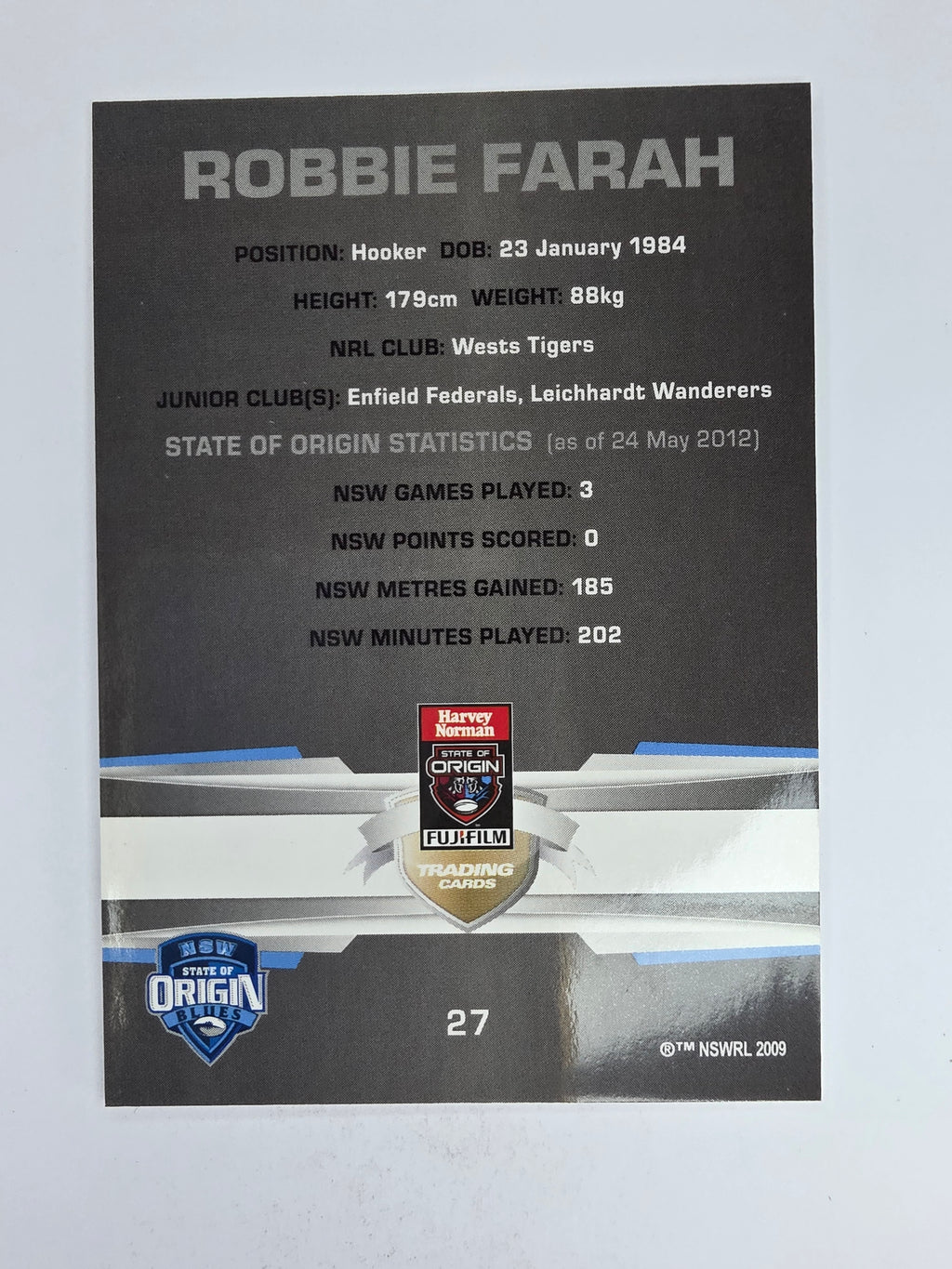 NRL 2012 Limited Edition Base Card #27 Robbie Farah State of Origin NSW