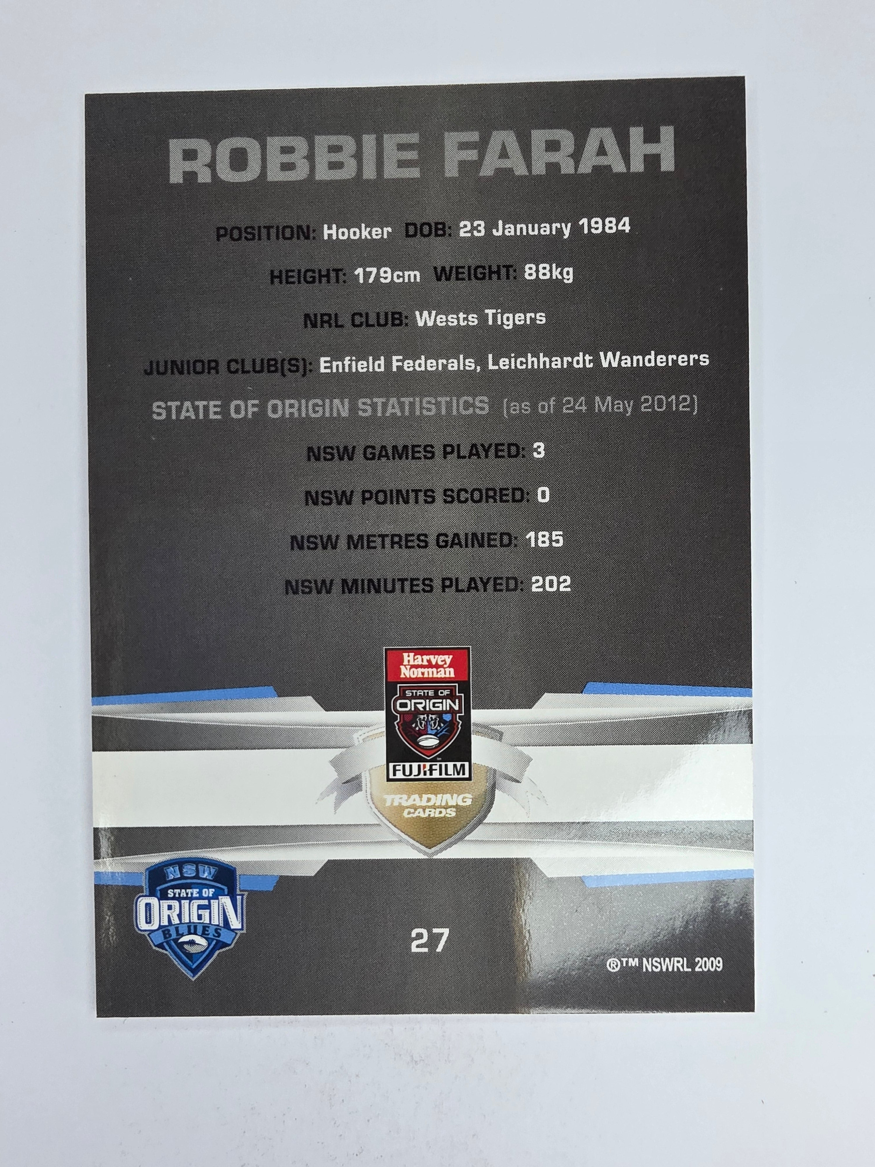 NRL 2012 Limited Edition Base Card #27 Robbie Farah State of Origin NSW