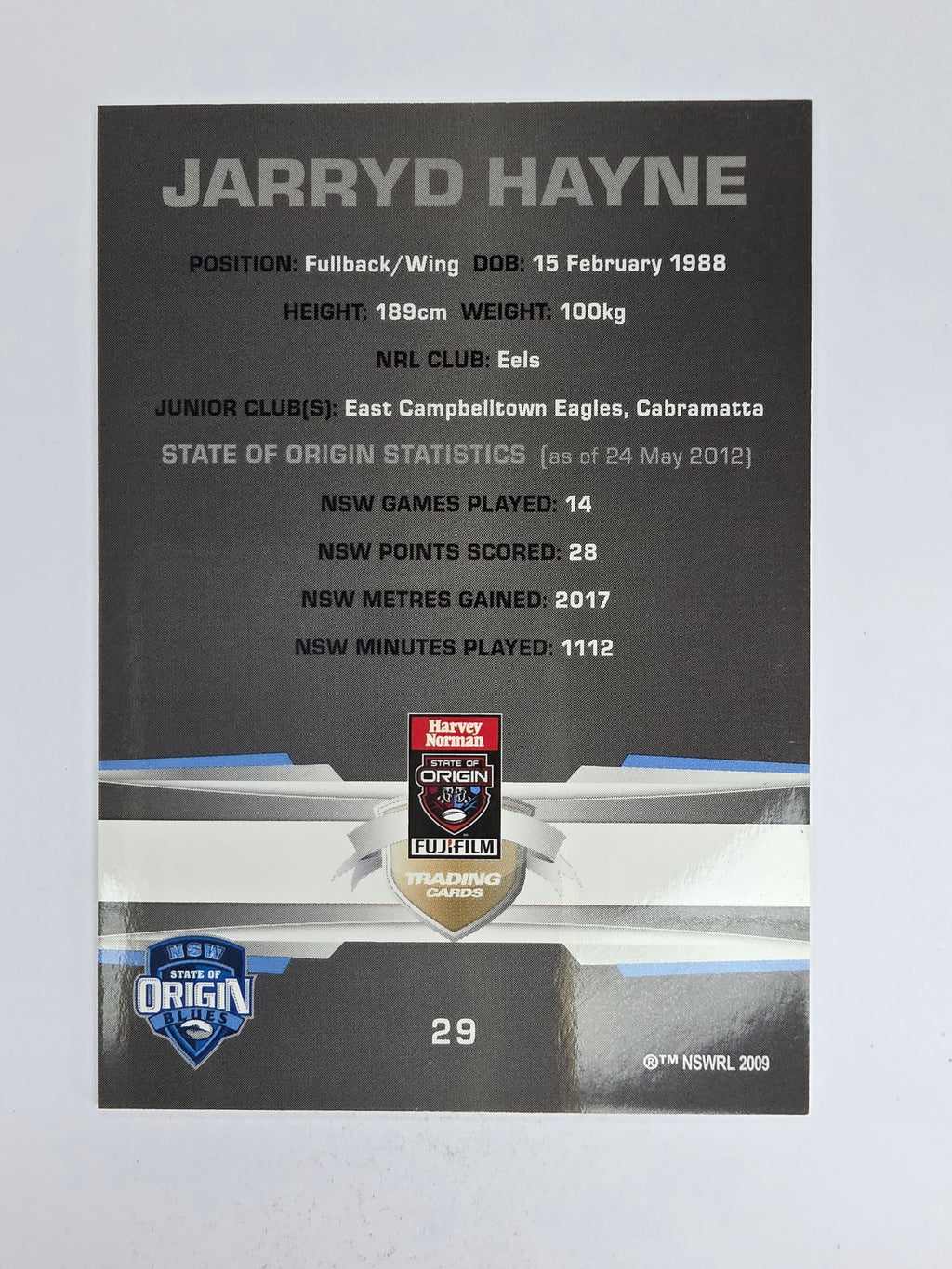 NRL 2012 Limited Edition Base Card #29 Jarryd Hayne State of Origin NSW