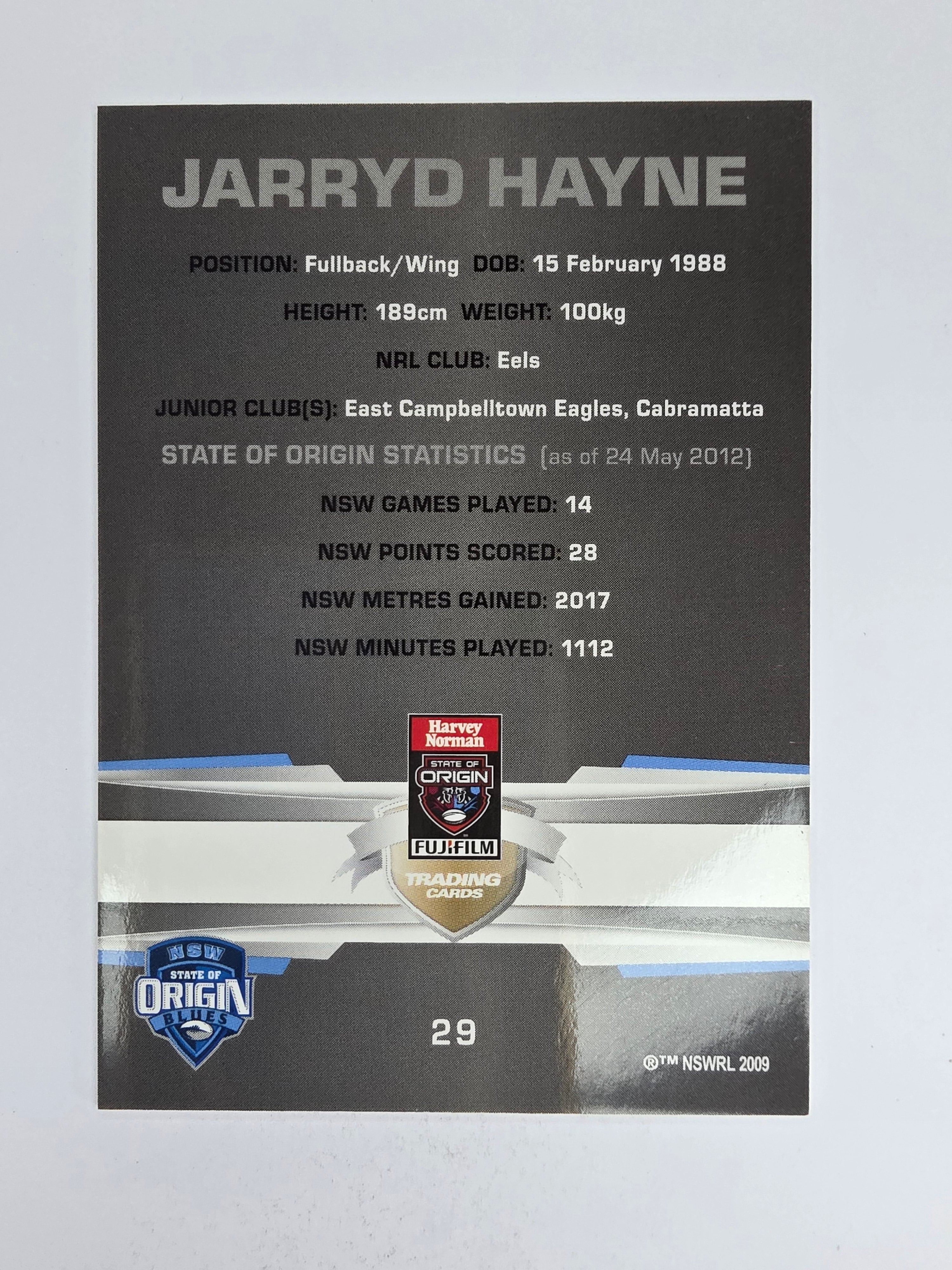 NRL 2012 Limited Edition Base Card #29 Jarryd Hayne State of Origin NSW