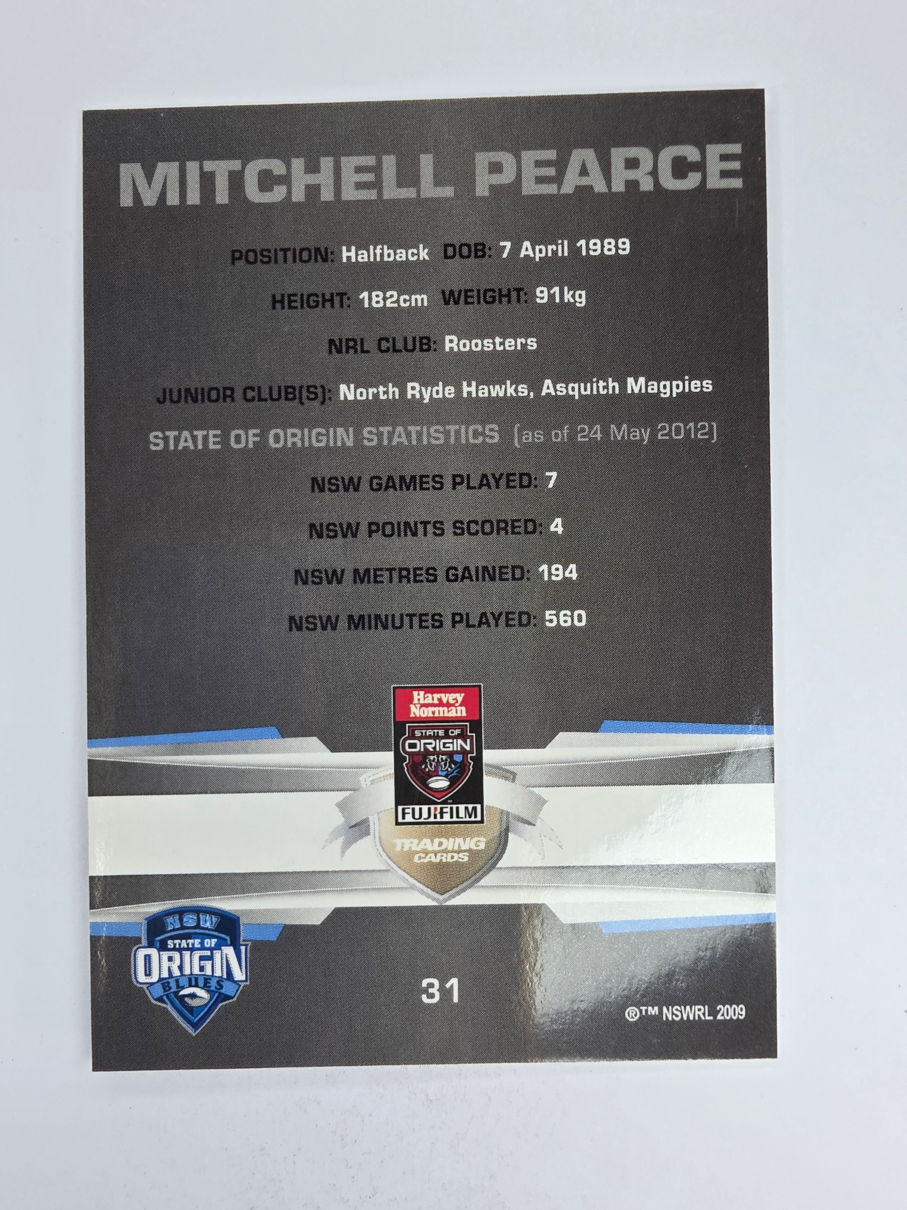NRL 2012 Limited Edition Base Card #31 Mitchell Pearce State of Origin NSW