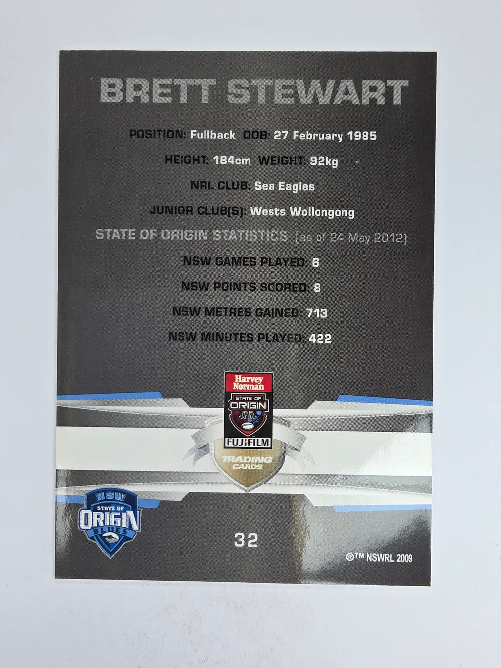NRL 2012 Limited Edition Base Card #32 Brett Stewart State of Origin NSW