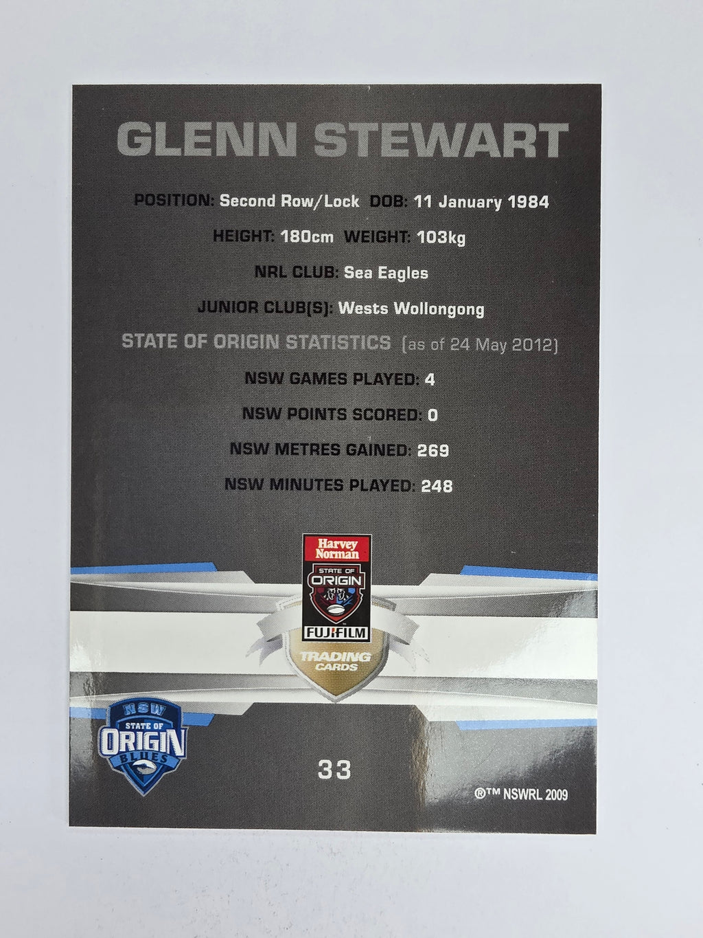 NRL 2012 Limited Edition Base Card #33 Glenn Stewart State of Origin NSW