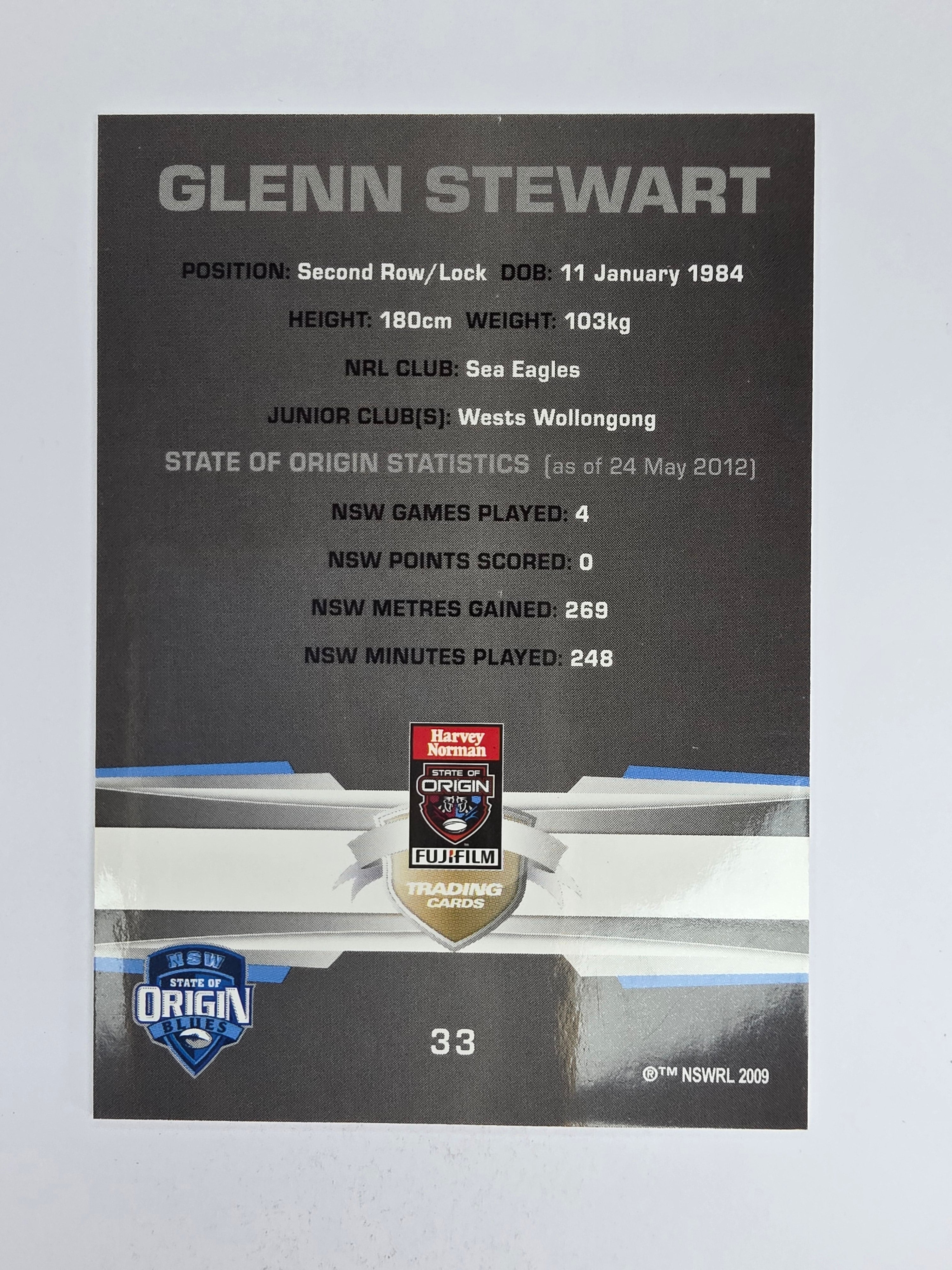 NRL 2012 Limited Edition Base Card #33 Glenn Stewart State of Origin NSW