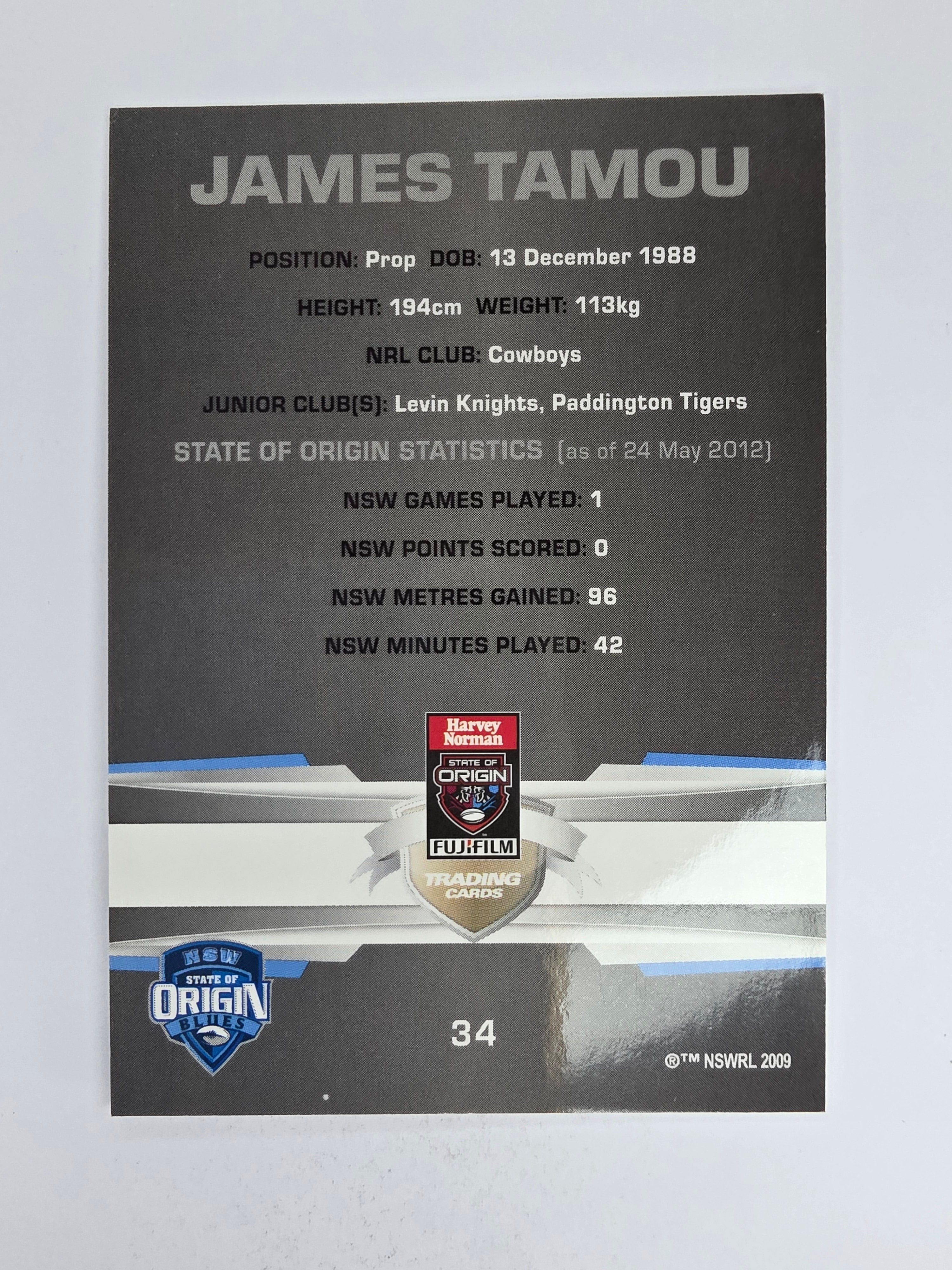 NRL 2012 Limited Edition Base Card #34 James Tamou State of Origin NSW