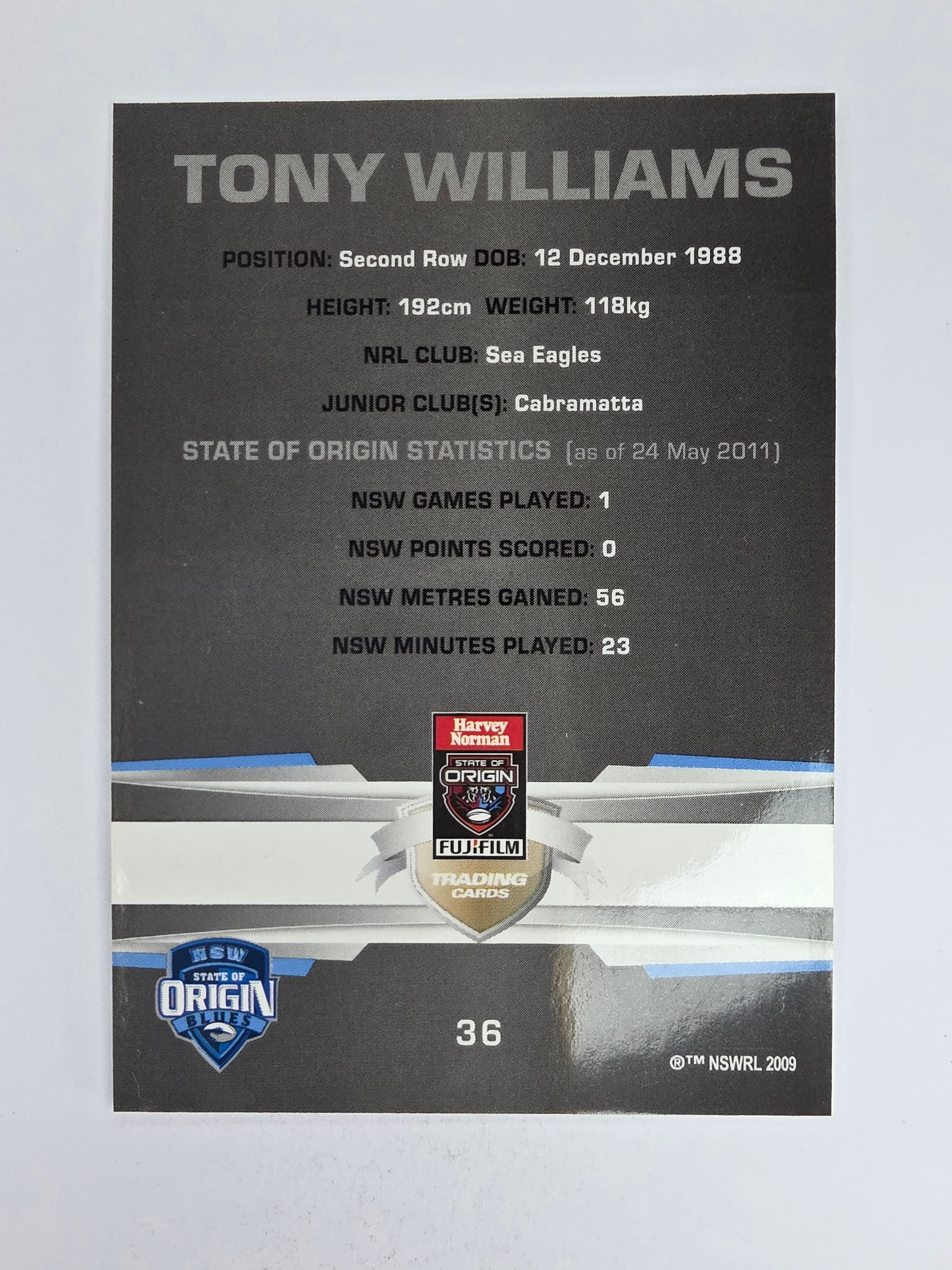 NRL 2012 Limited Edition Base Card #36 Tony Williams State of Origin NSW