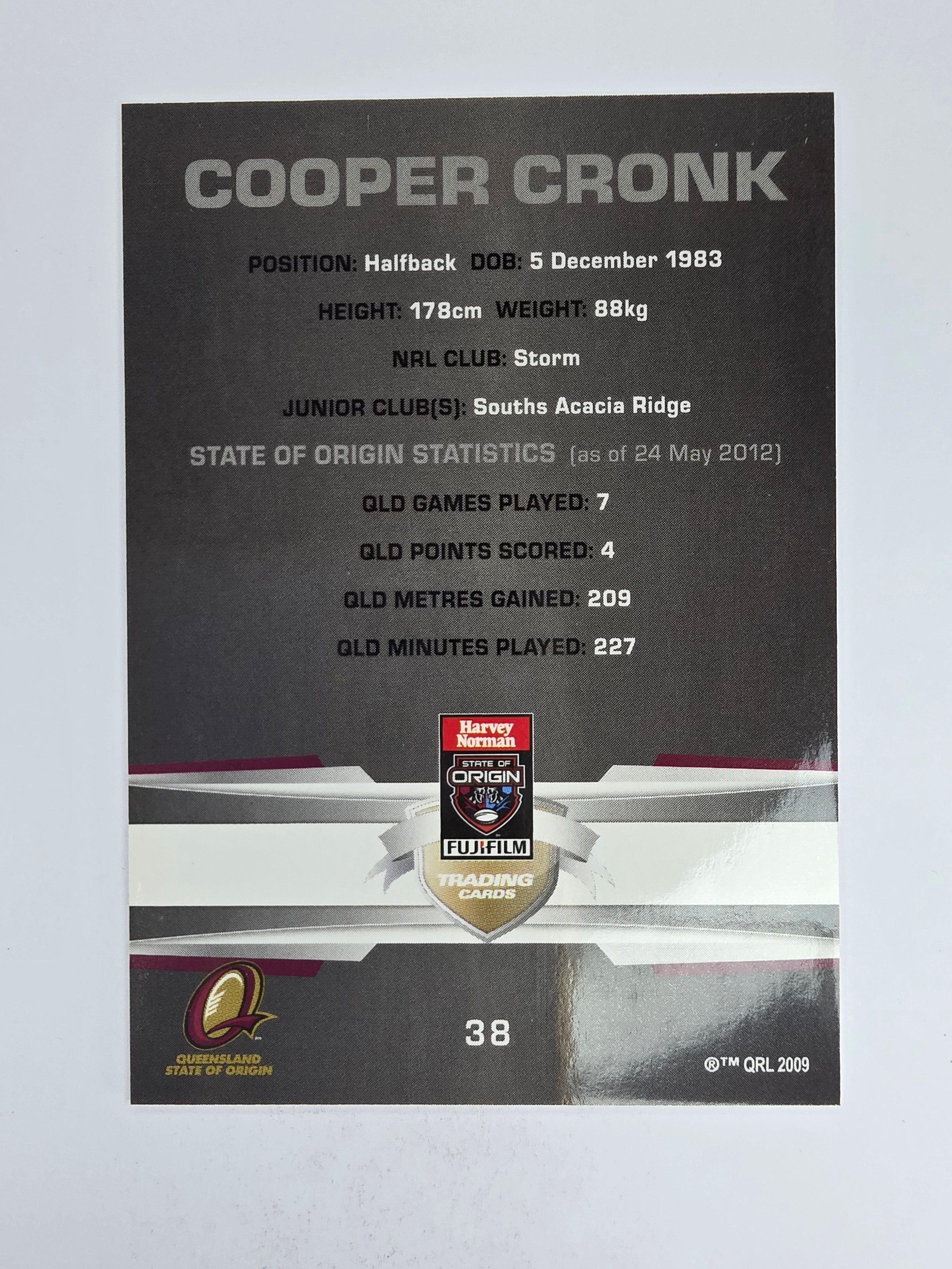 NRL 2012 Limited Edition Base Card #38 Cooper Cronk State of Origin QLD