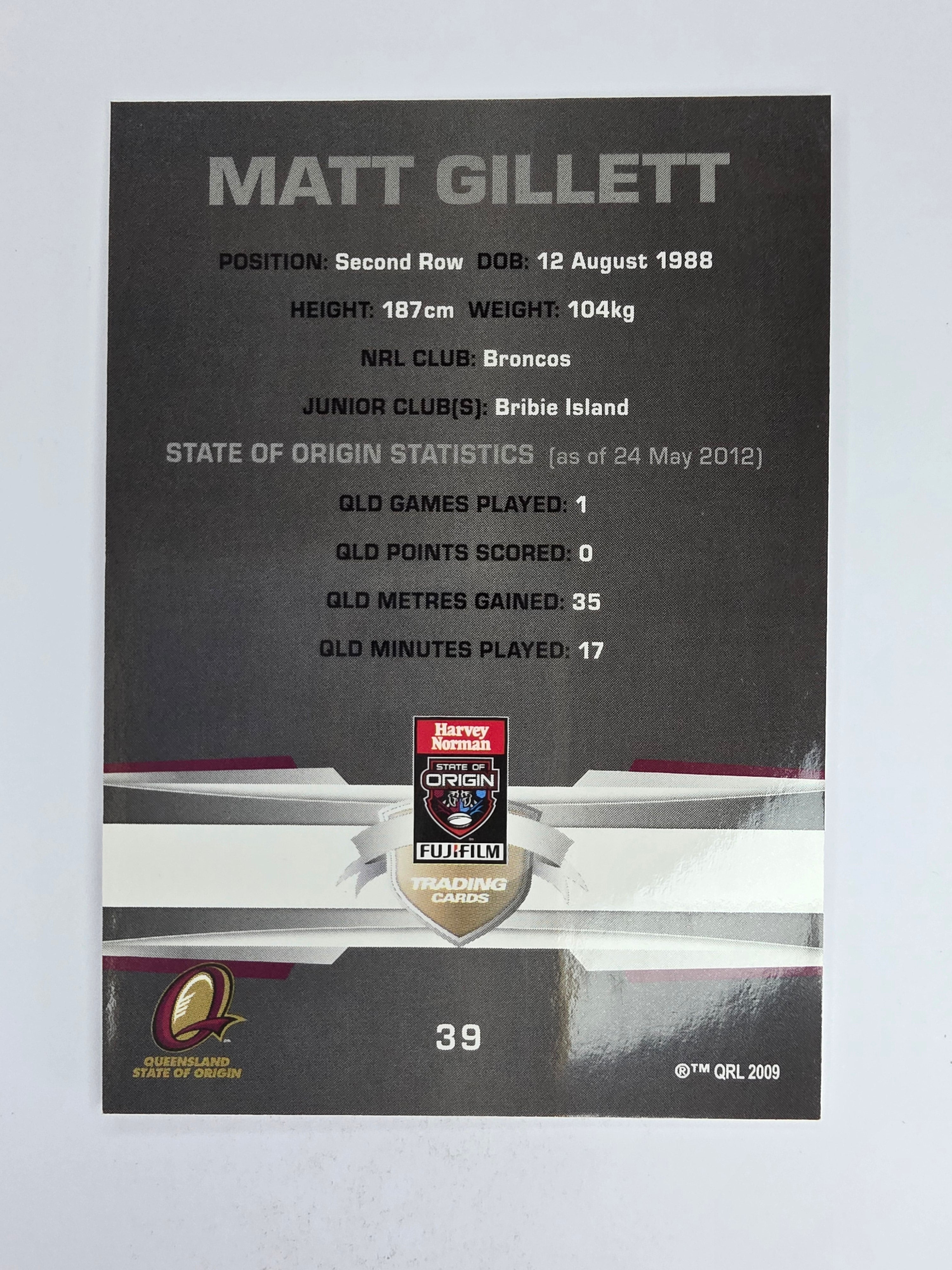 NRL 2012 Limited Edition Base Card #39 Matt Gillett State of Origin QLD