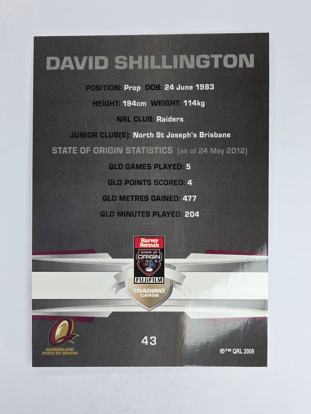 NRL 2012 Limited Edition Base Card #43 David Shillington State of Origin QLD