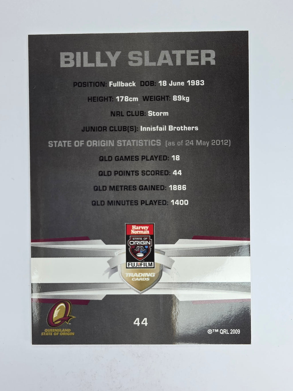 NRL 2012 Limited Edition Base Card #44 Billy Slater State of Origin QLD
