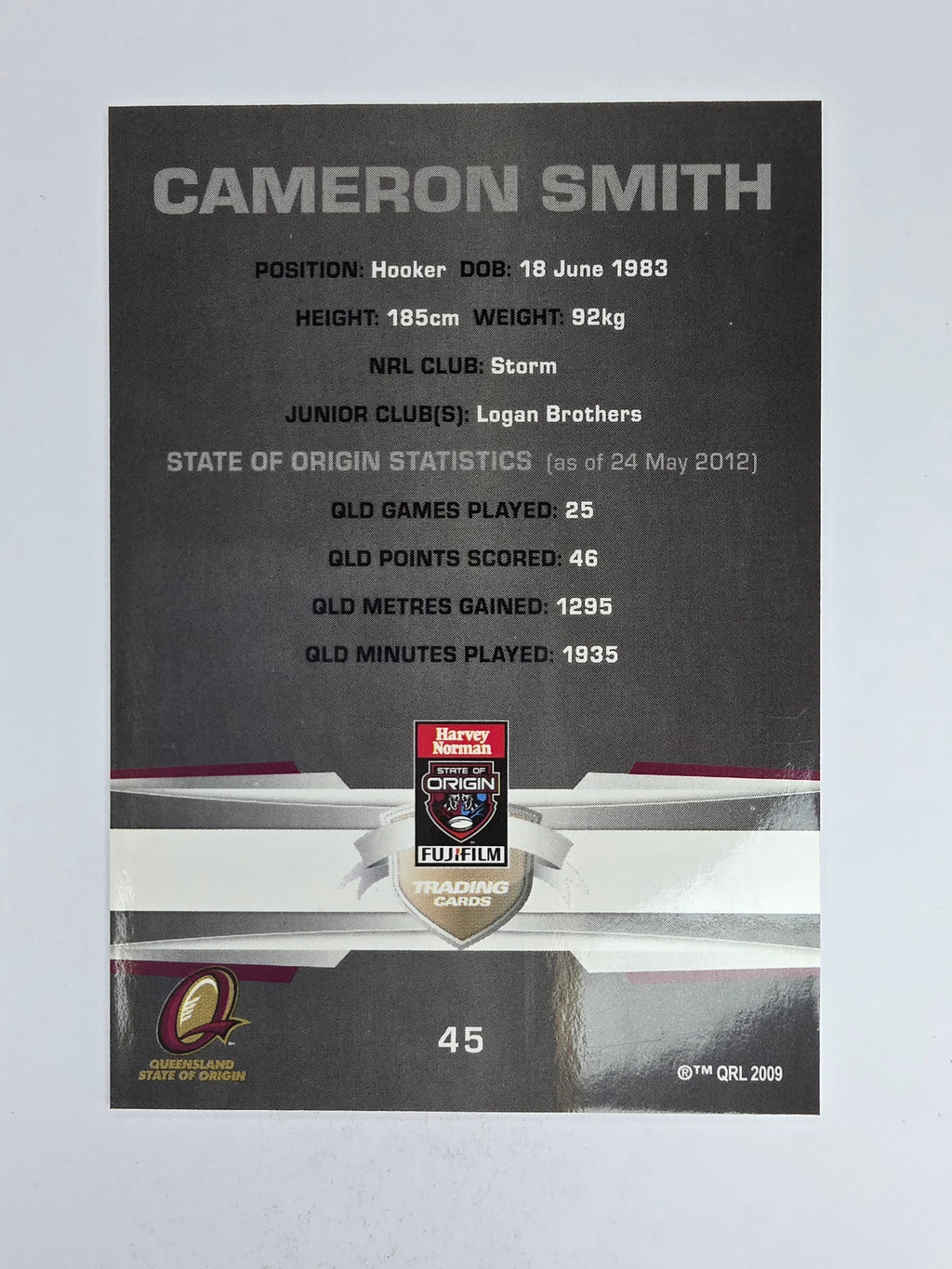 NRL 2012 Limited Edition Base Card #45 Cameron Smith State of Origin QLD