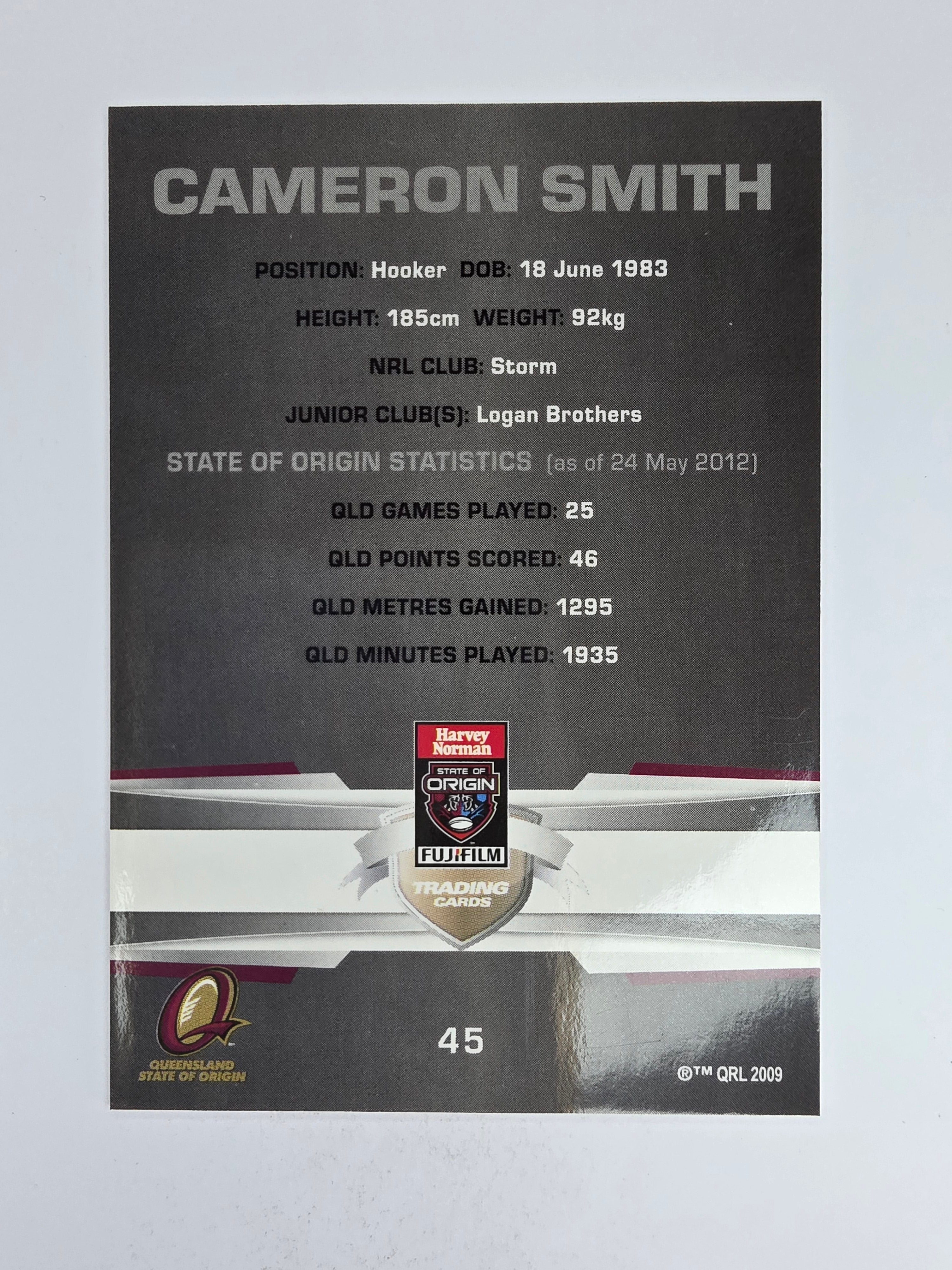 NRL 2012 Limited Edition Base Card #45 Cameron Smith State of Origin QLD